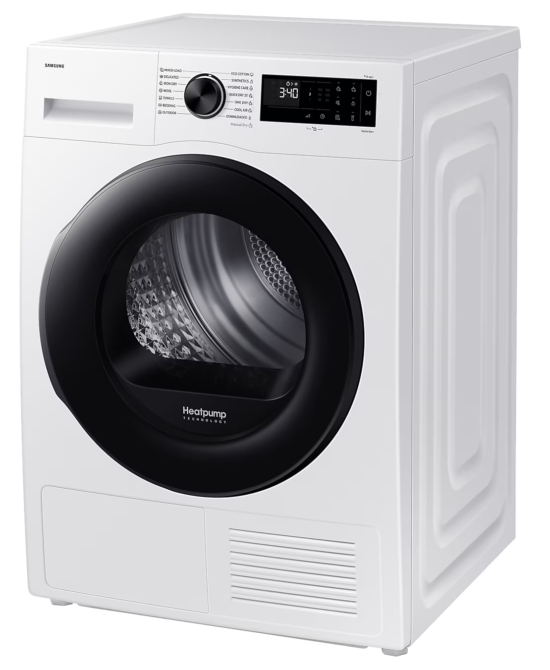 Fehér Samsung szárító fekete ajtóval és vezérlőpanellel, 3:40-et mutat a kijelzőn.