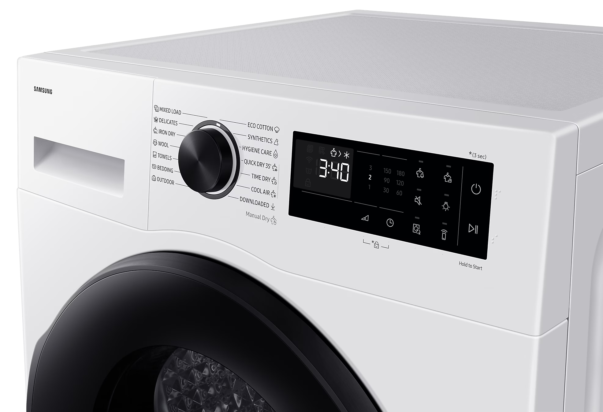 Fehér mosógép, fekete vezérlőgomb és kijelző, részletes nézet.