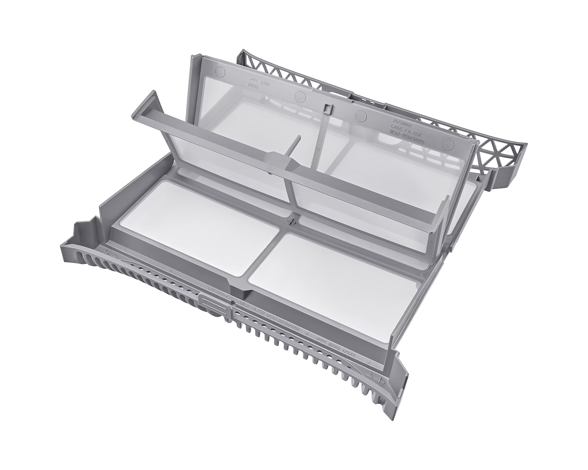 Szürke szárítószűrő szerelvény, nyitva és a szűrőket mutatva.