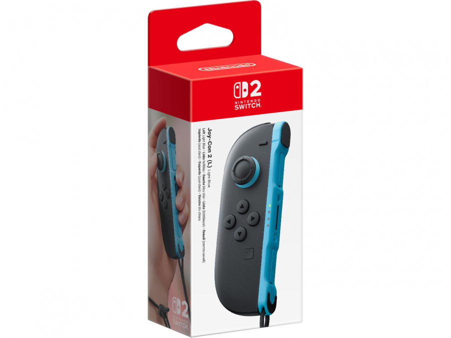 Pudełko Nintendo Switch Joy-Con. Jasnoniebieski i szary kontroler Joy-Con, czerwone opakowanie z logo Nintendo.