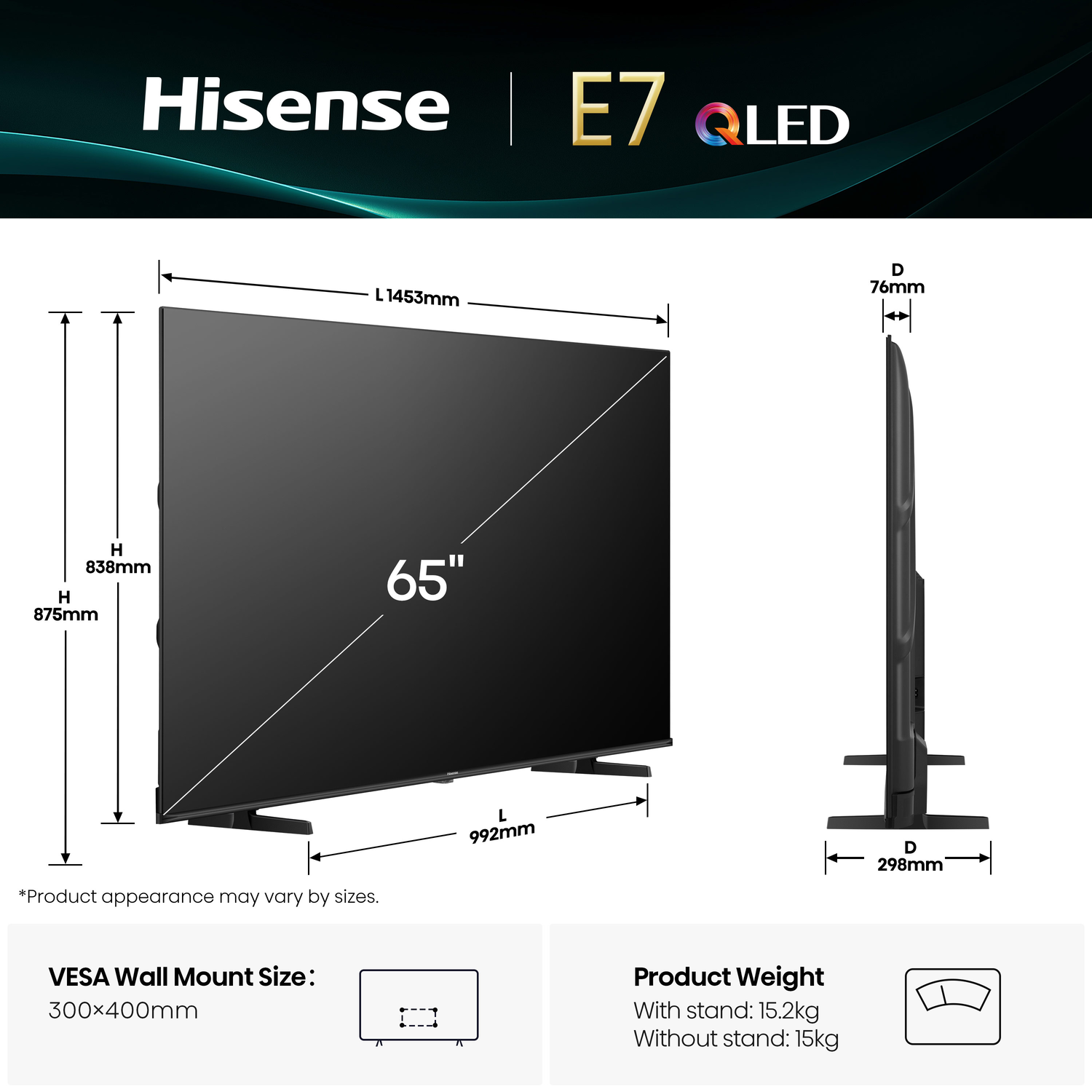 Diagram of a TV, showing dimensions. The TV is black with a stand, and has a 65-inch screen.