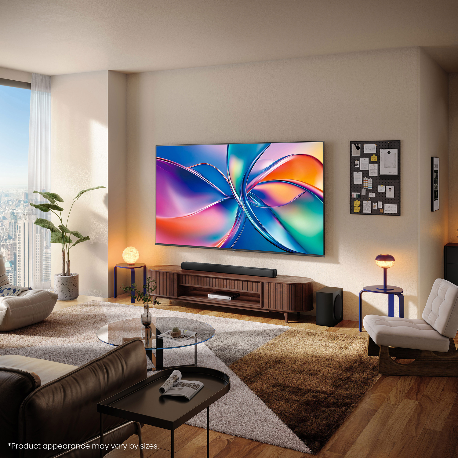 A living room with a TV, sofa, and furniture, with a city view.