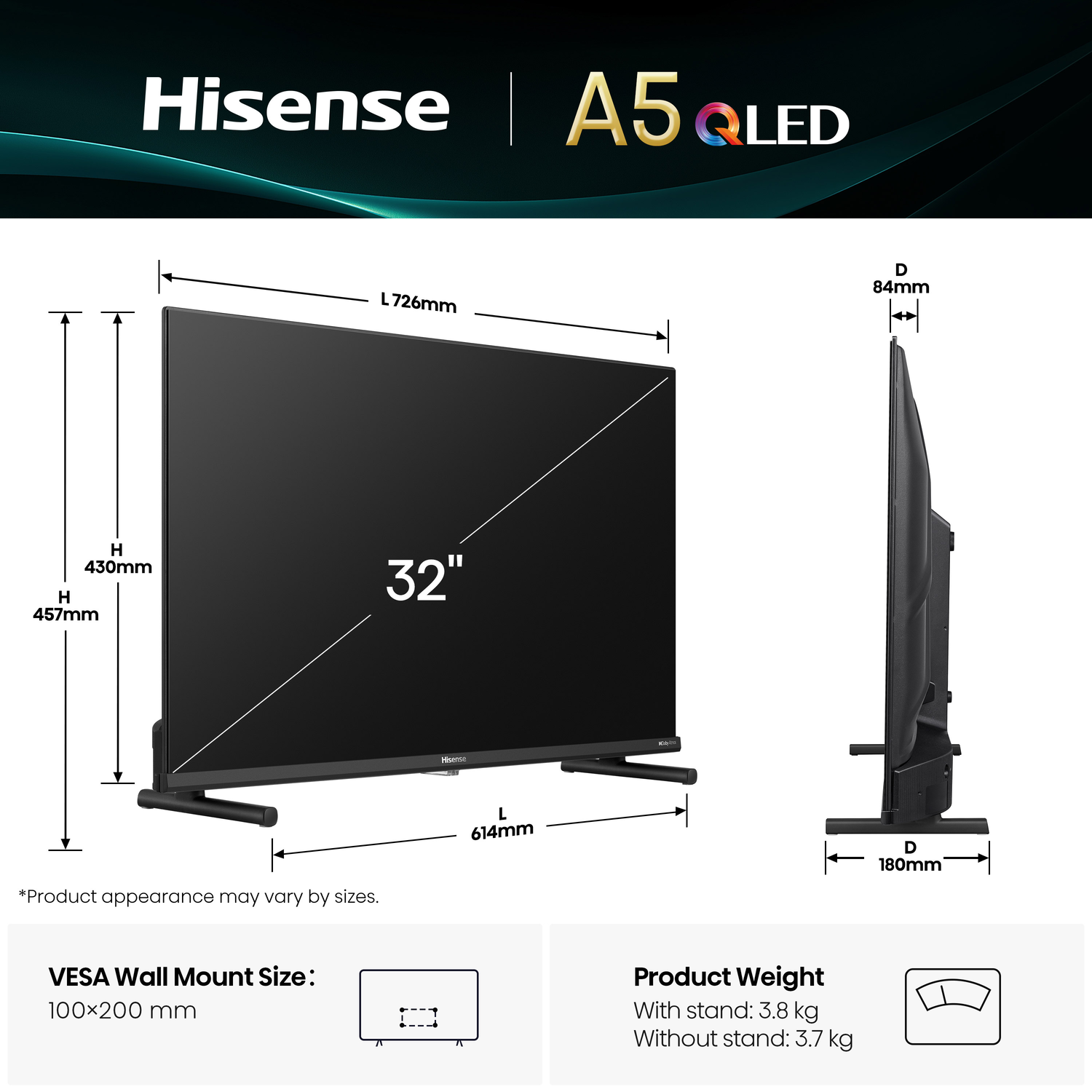 Zwarte Hisense tv, met afmetingen, standaard en gewichtsdetails. Tekst: A5 QLED. VESA-muurbevestigingsgrootte.