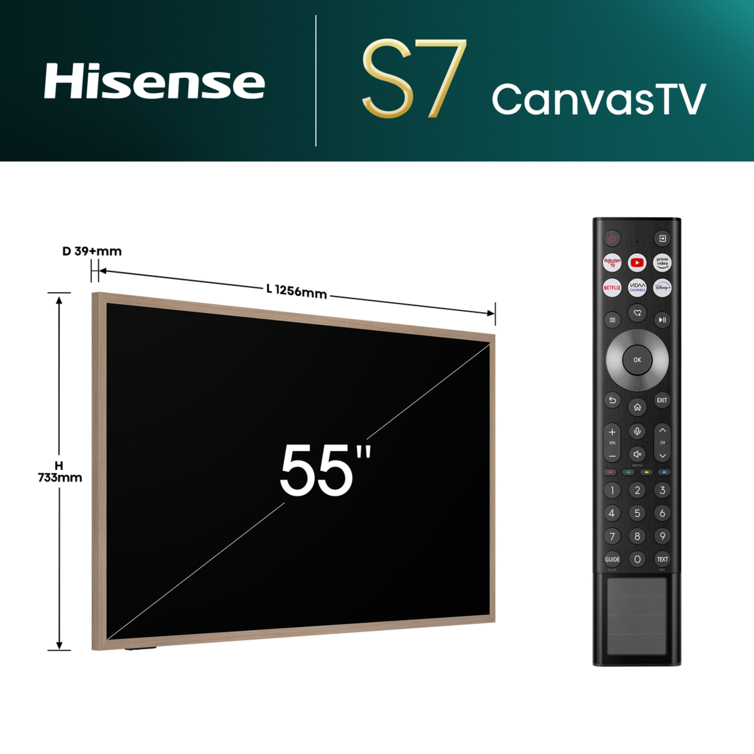 55-inch Hisense S7 canvasTV with a remote control next to it.