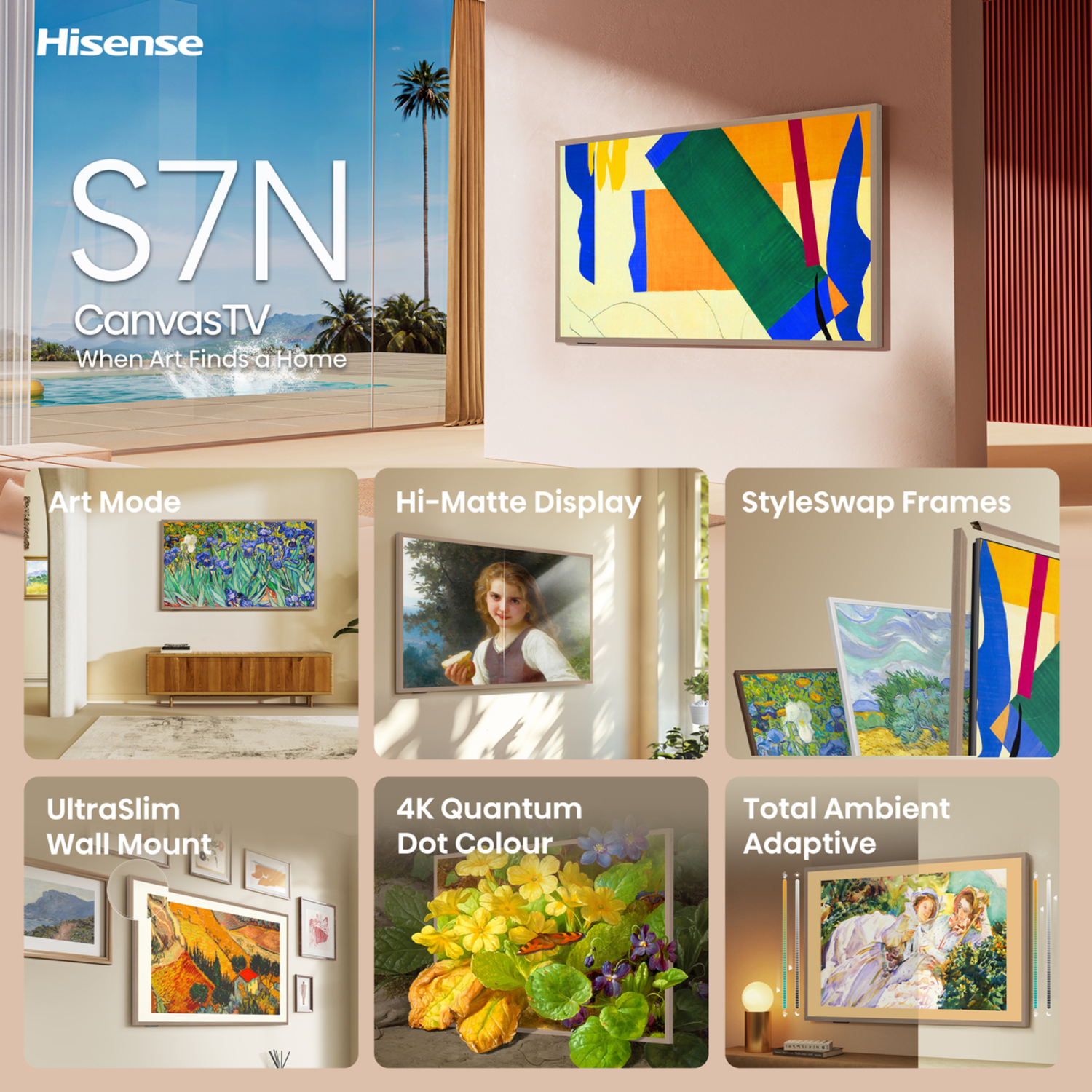 A TV advertisement showing art, a modern TV, and various features like UltraSlim and 4K.