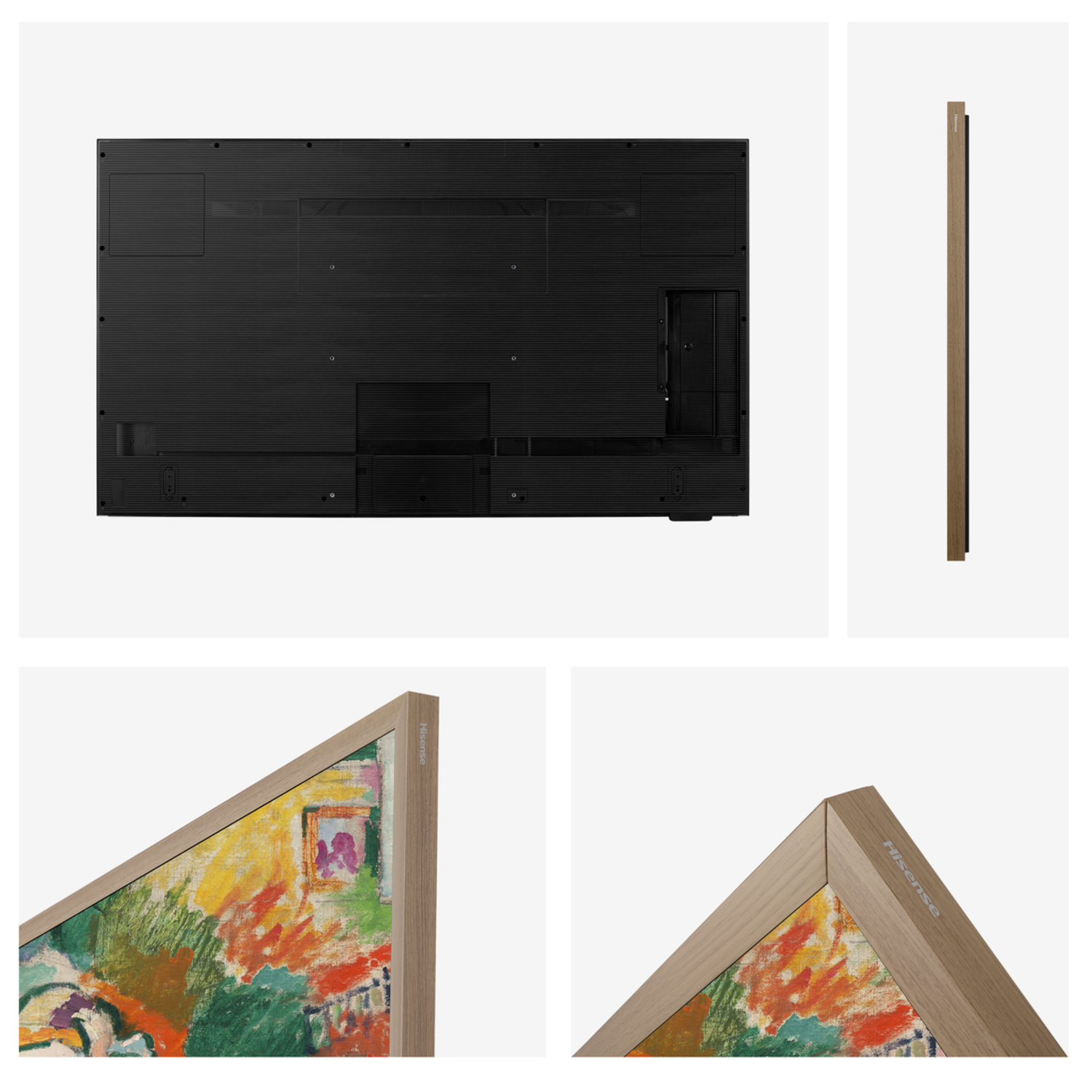 A TV with a wooden frame, with a close-up of the back and sides.