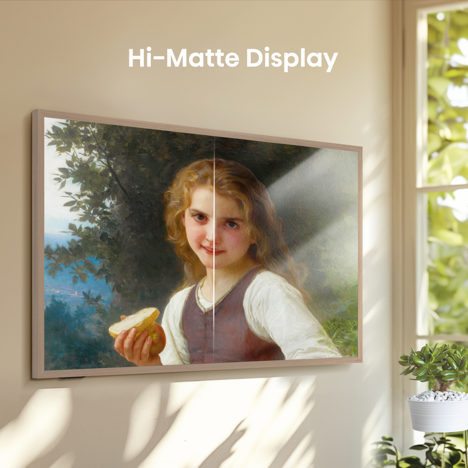 Artwork on a wall, showing a girl with an apple, and the words Hi-Matte Display.