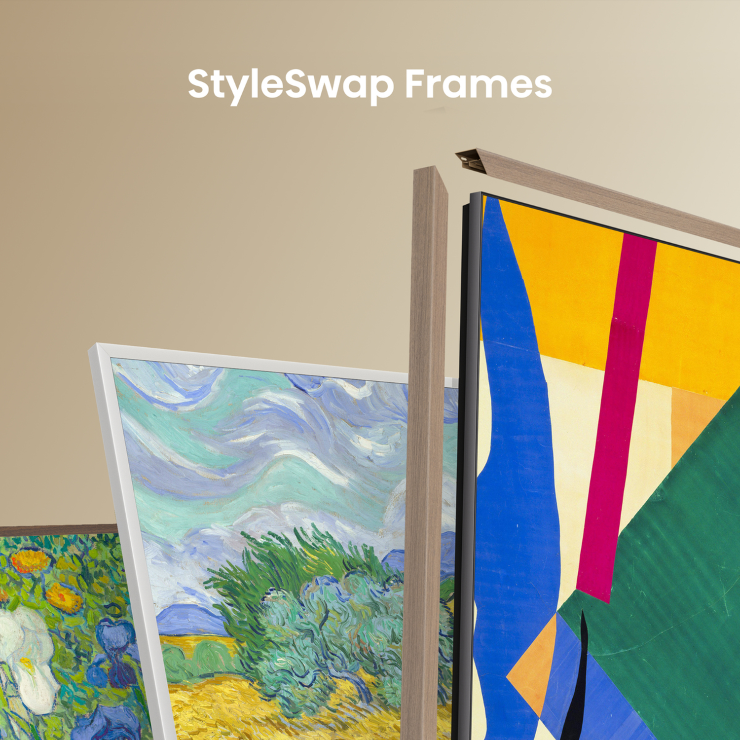 Three framed paintings with different styles. The text "StyleSwap Frames" is above.