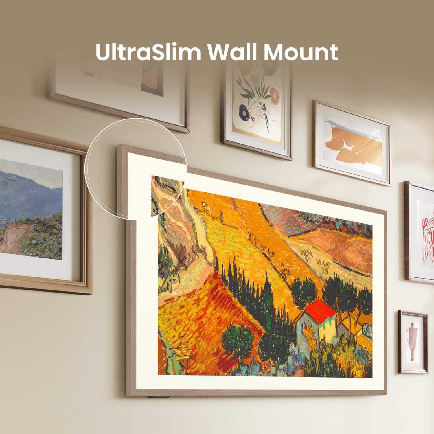 Modern living room with a painting on the wall. The painting is framed and mounted on the wall.