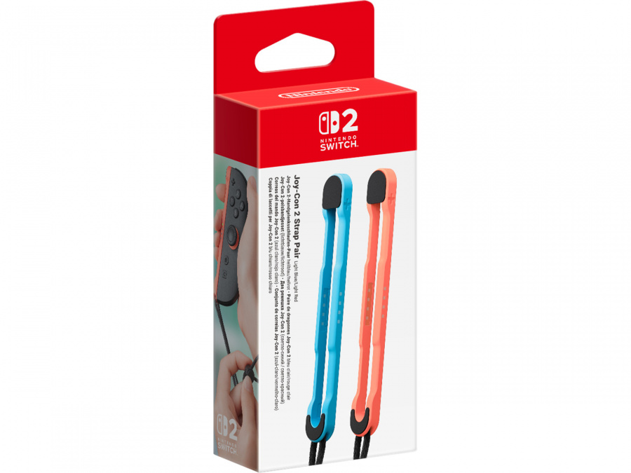 Pudełko z paskami Joy-Con. Czerwone pudełko, niebieskie i pomarańczowe paski.