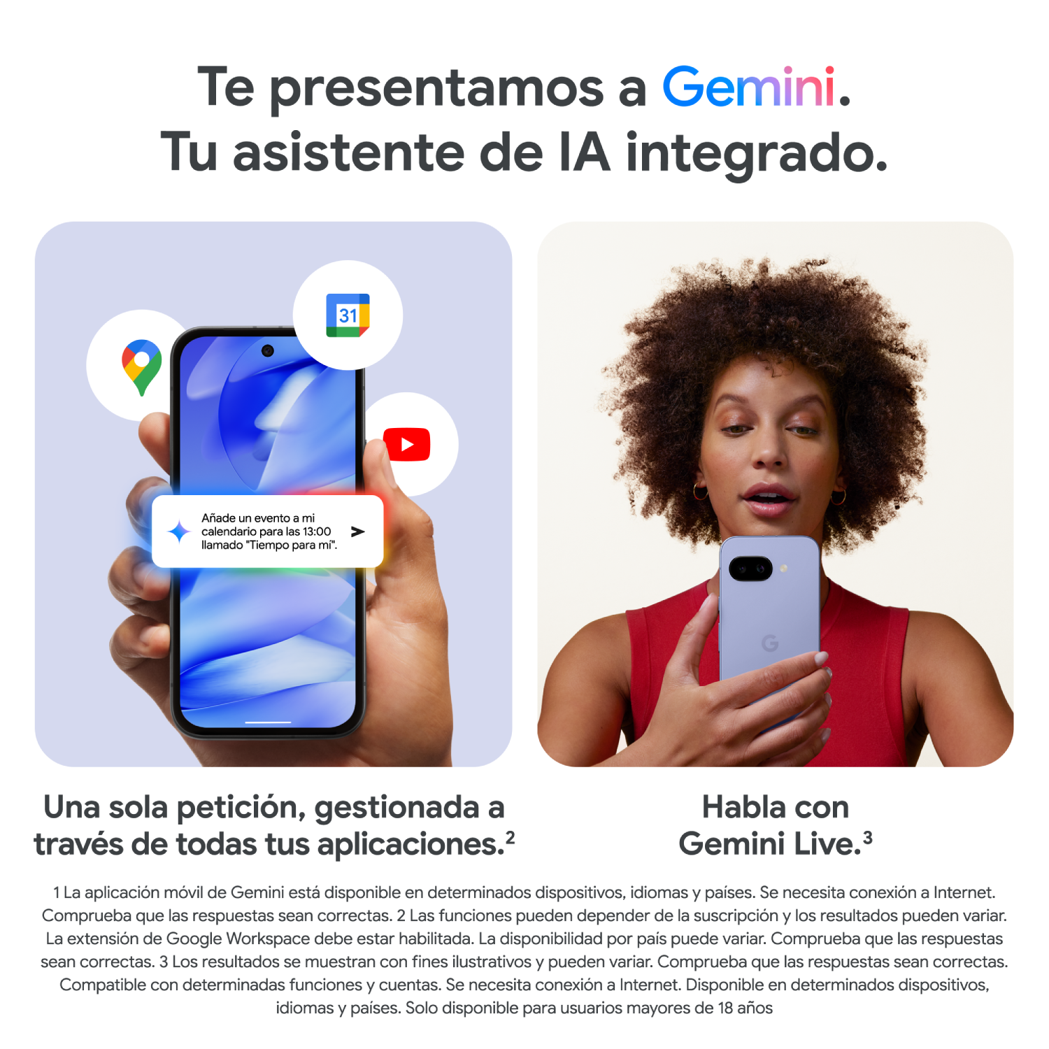 Anuncio con mujer usando teléfono, texto sobre Gemini y sus funciones.