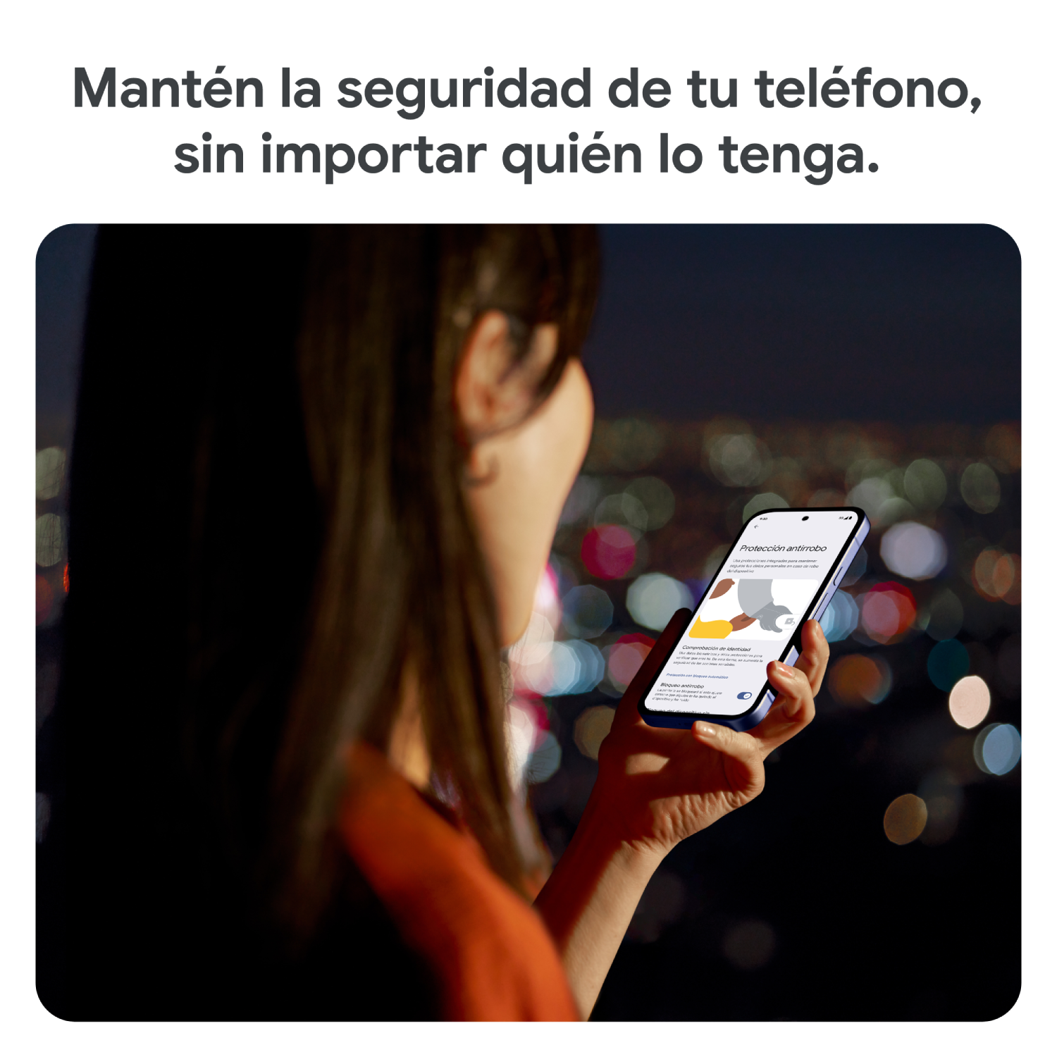 Mujer con teléfono, fondo nocturno, texto en español sobre seguridad telefónica.