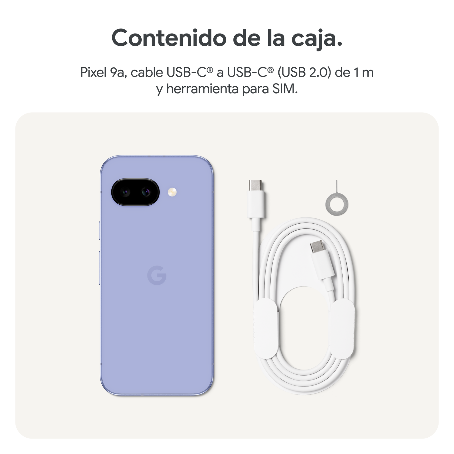 Teléfono Pixel 9a lila, cable USB-C y herramienta SIM sobre superficie blanca.