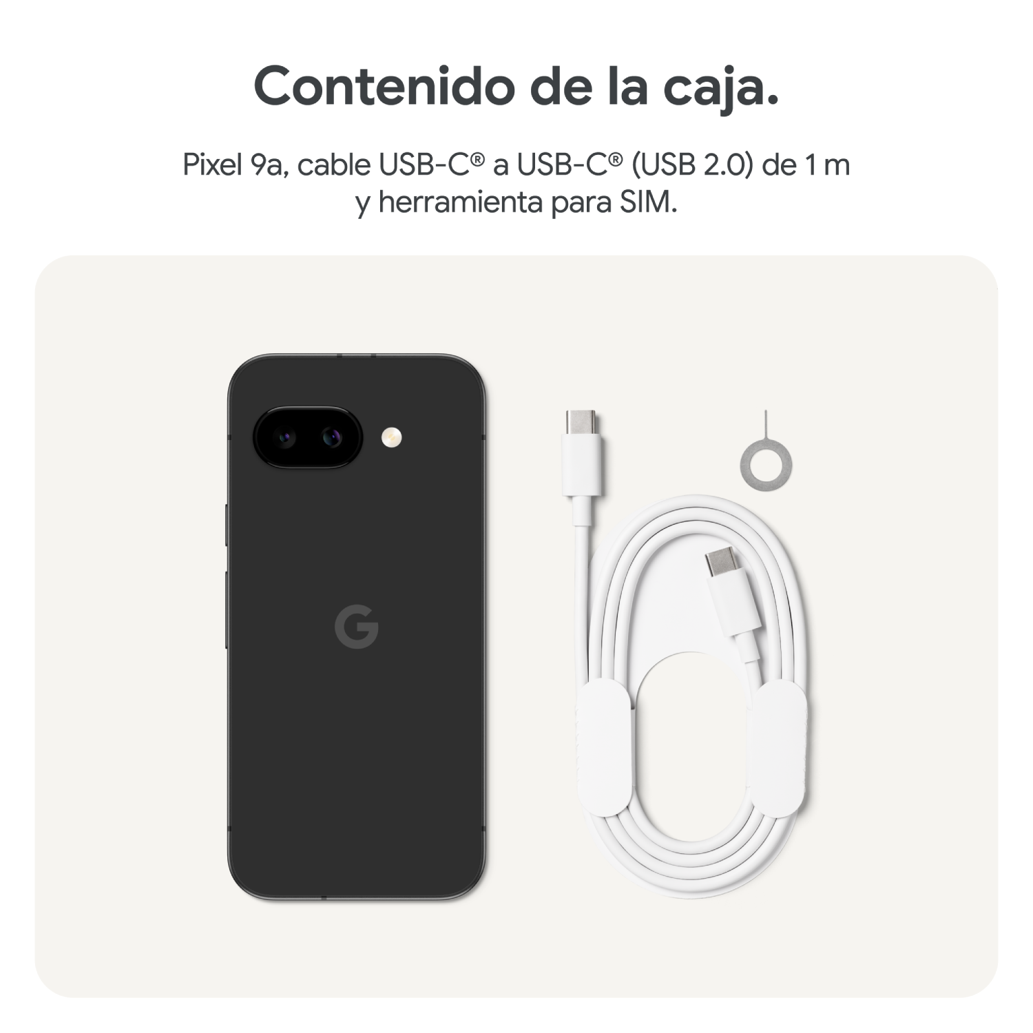Teléfono negro, cable USB-C y herramienta SIM sobre fondo blanco, descripción del producto.