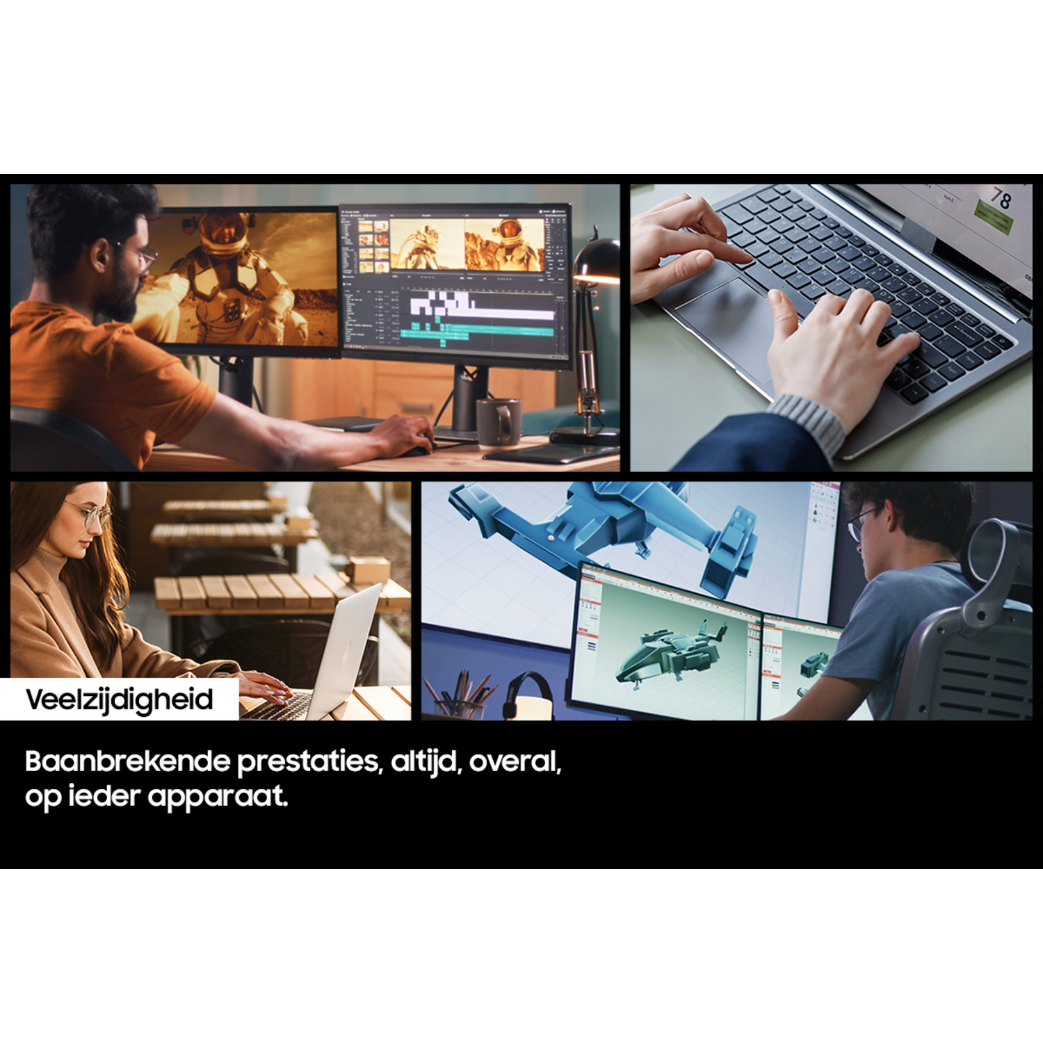 Meerdere afbeeldingen van mensen die op computers werken met professionele ontwerpsoftware.