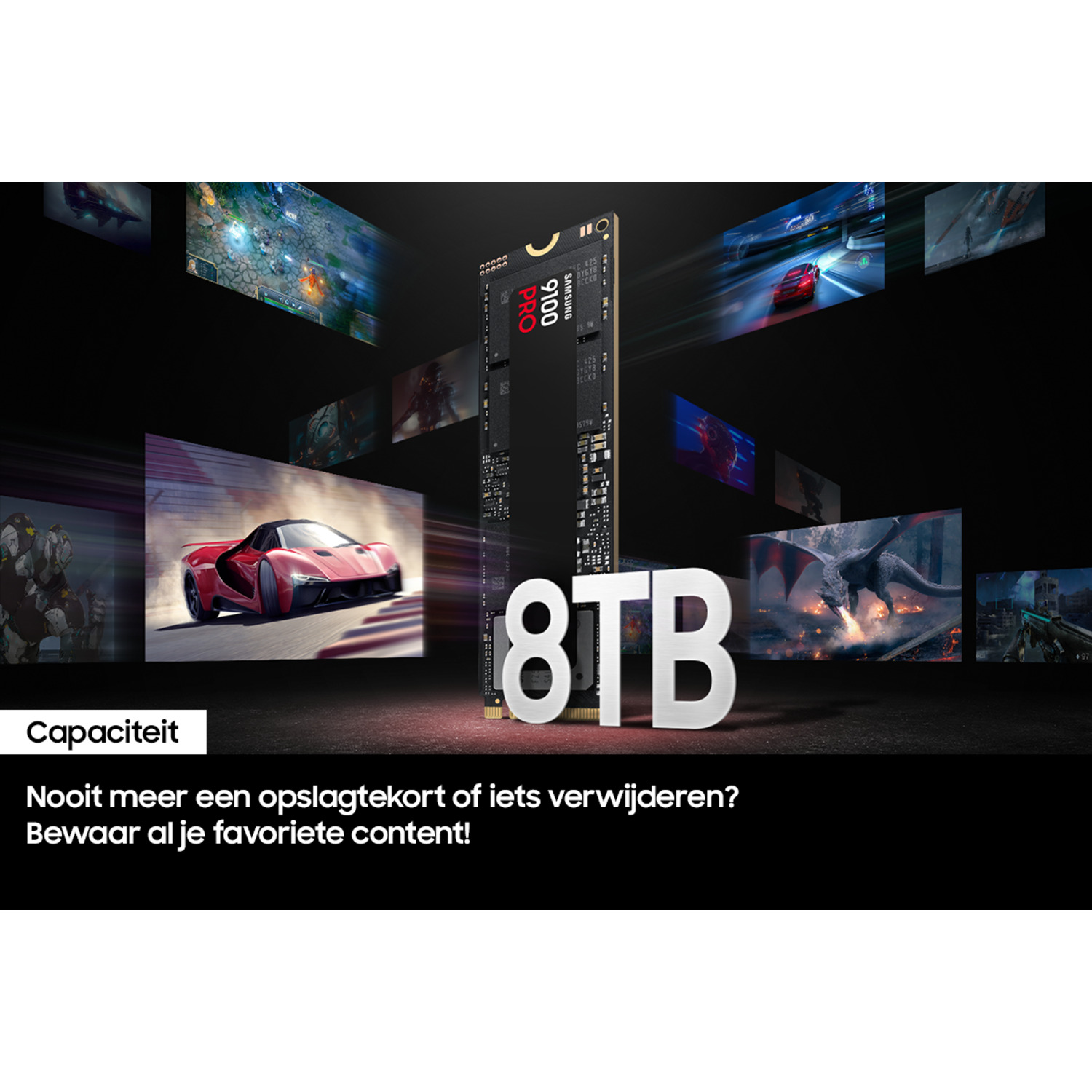 Afbeelding met zwarte SSD, tekst '8TB' en gaming content op de achtergrond.