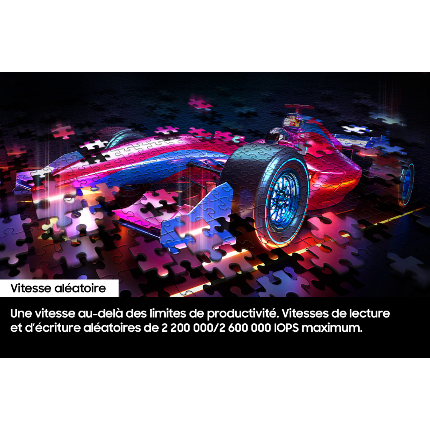 Une voiture de course faite de pièces de puzzle. Les mots 'Vitesse aléatoire' sont visibles.