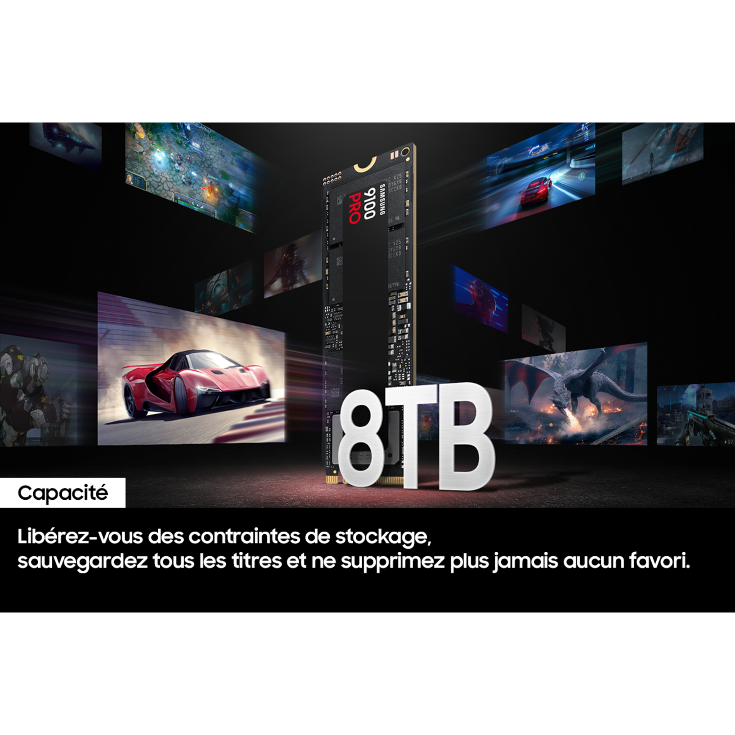 Disque SSD avec 8 To. Texte sur le disque : 9100. Graphiques de jeux et de courses.