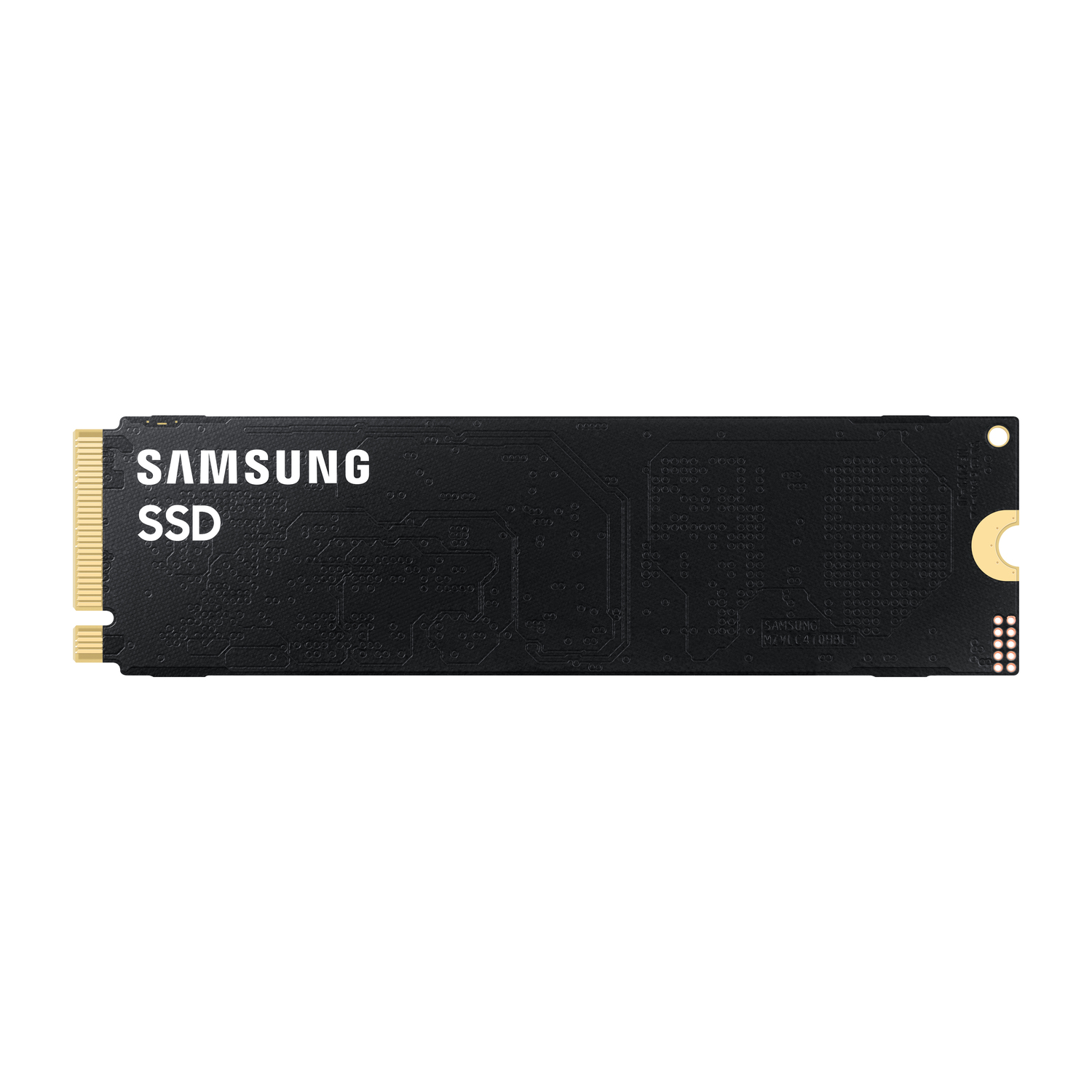 Un SSD Samsung noir, une carte rectangulaire avec des connecteurs dorés et du texte blanc : SAMSUNG SSD.