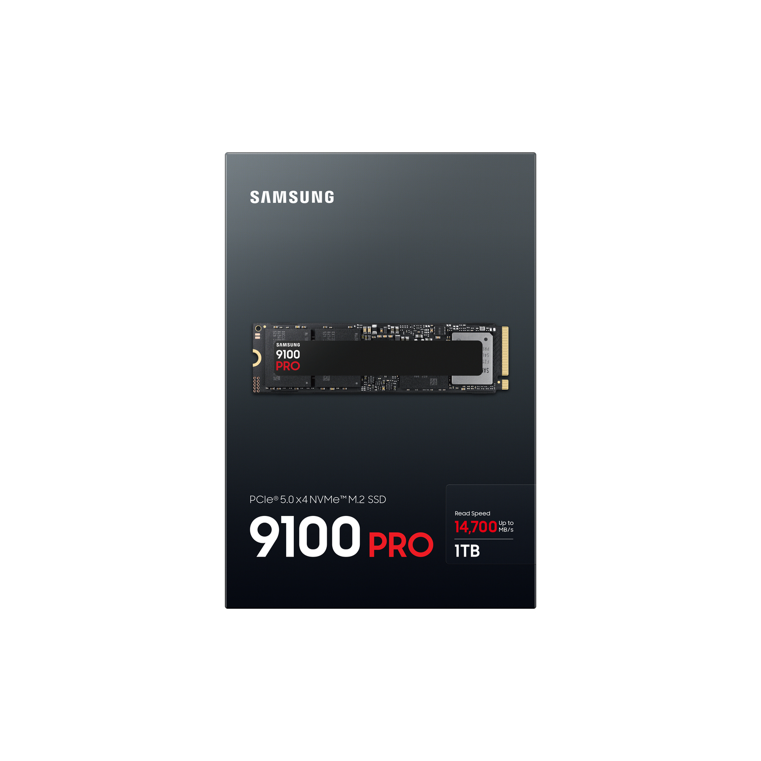 SSD noir sur une boîte noire avec le logo Samsung. Il porte l'étiquette 9100 PRO et 1 To de capacité.