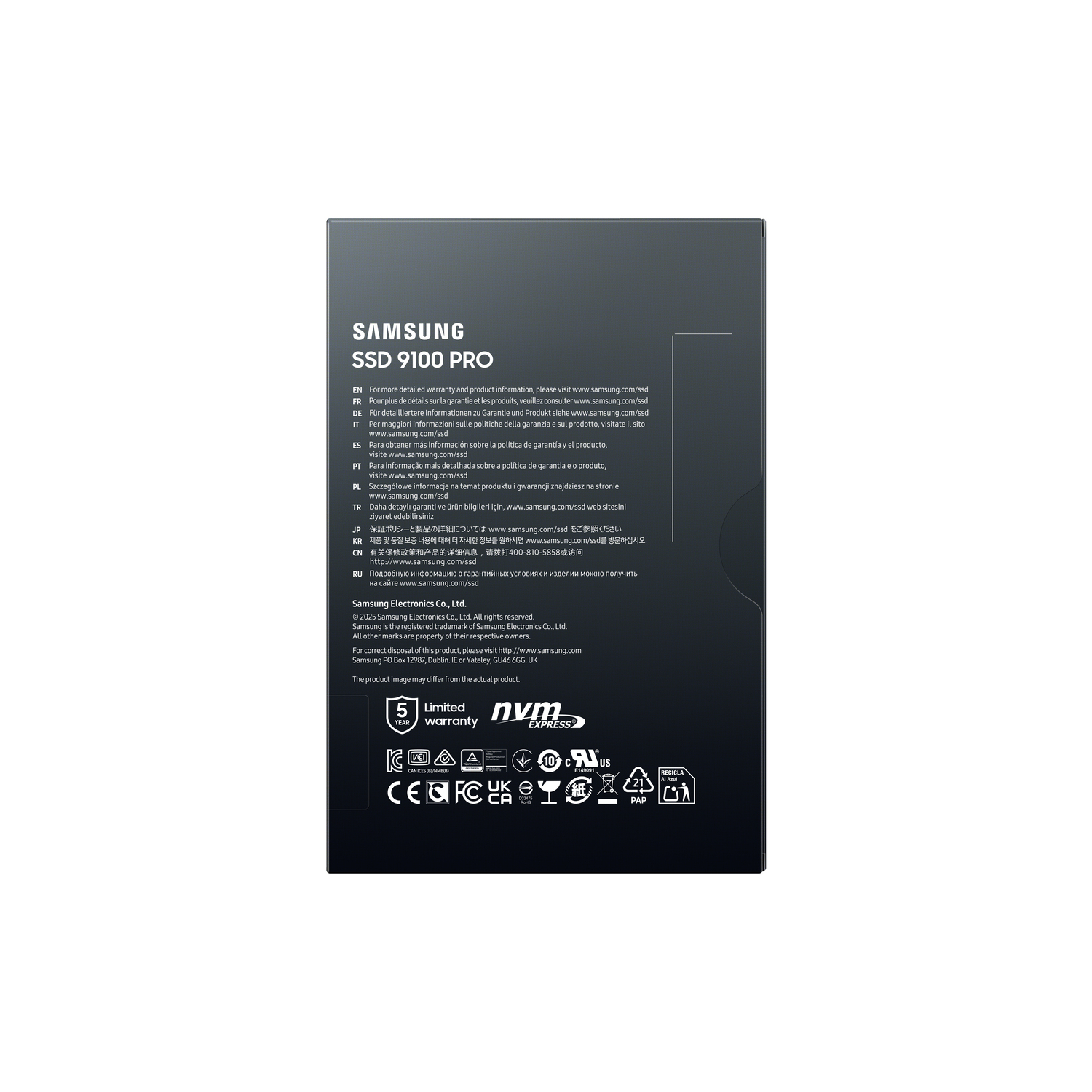 Une carte Samsung SSD 9100 Pro avec texte et logos.
