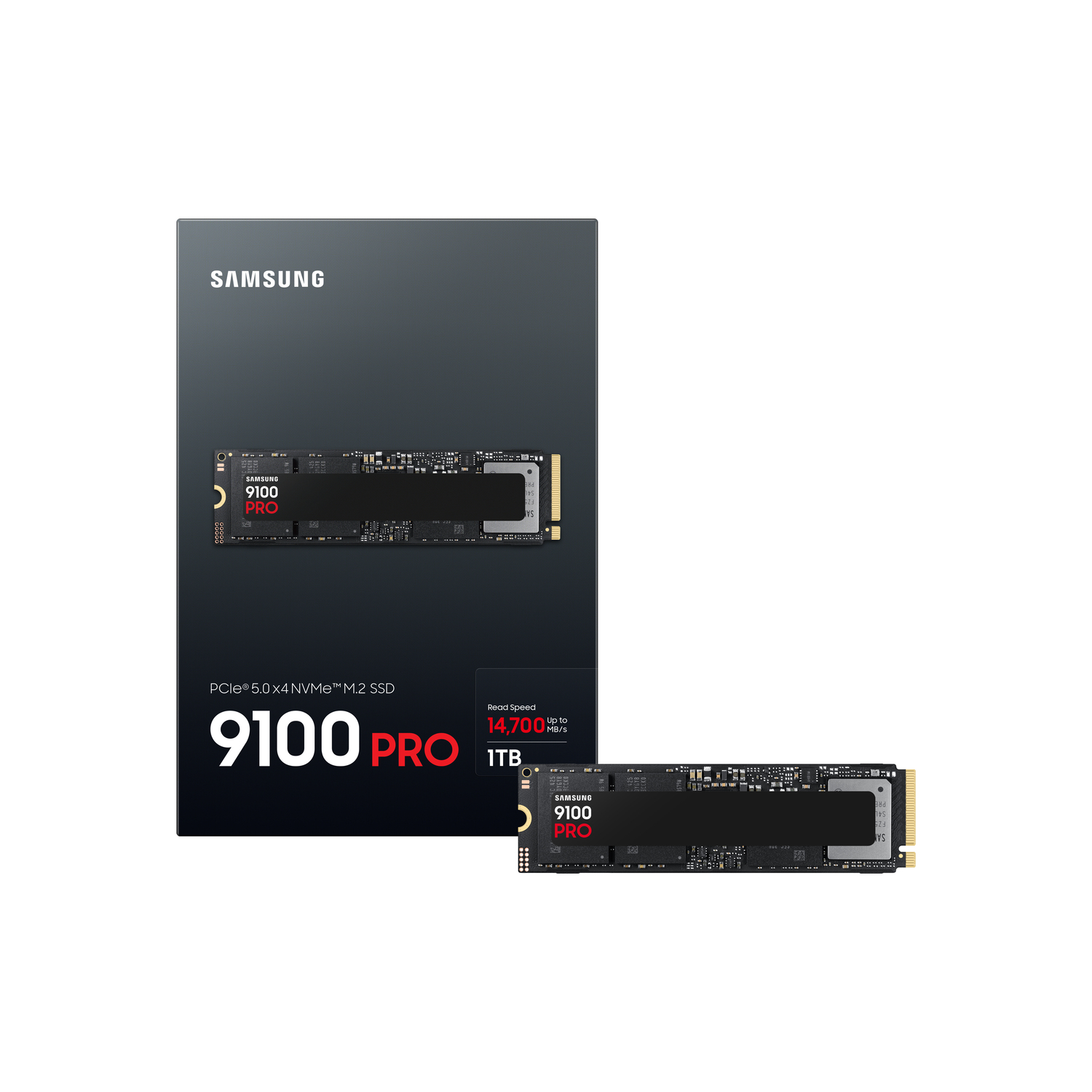 SSD dans une boîte, noir et argent, avec le texte '9100 PRO'. Logo 'SAMSUNG', texte '1TB' et spécifications.