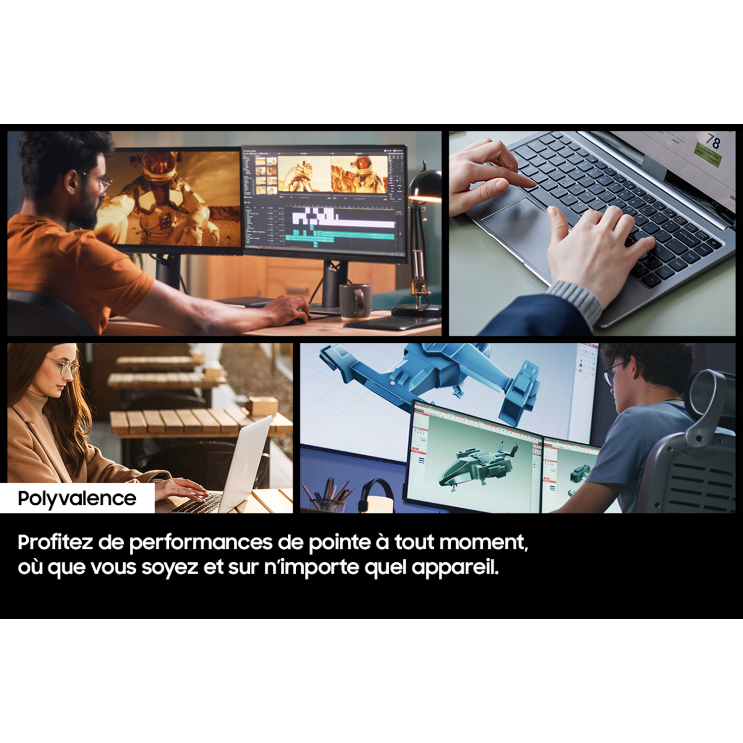 Configuration multi-écrans : montage vidéo, codage, modélisation 3D.