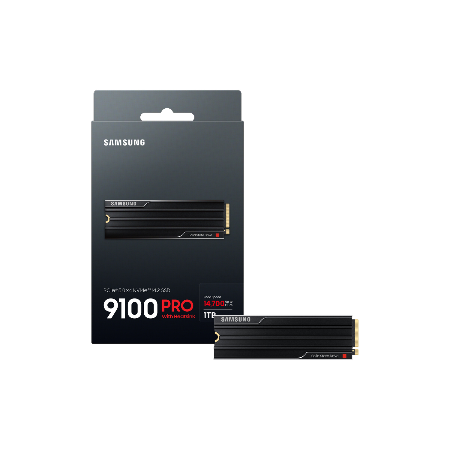 SSD dans une boîte noire avec détails du produit.
