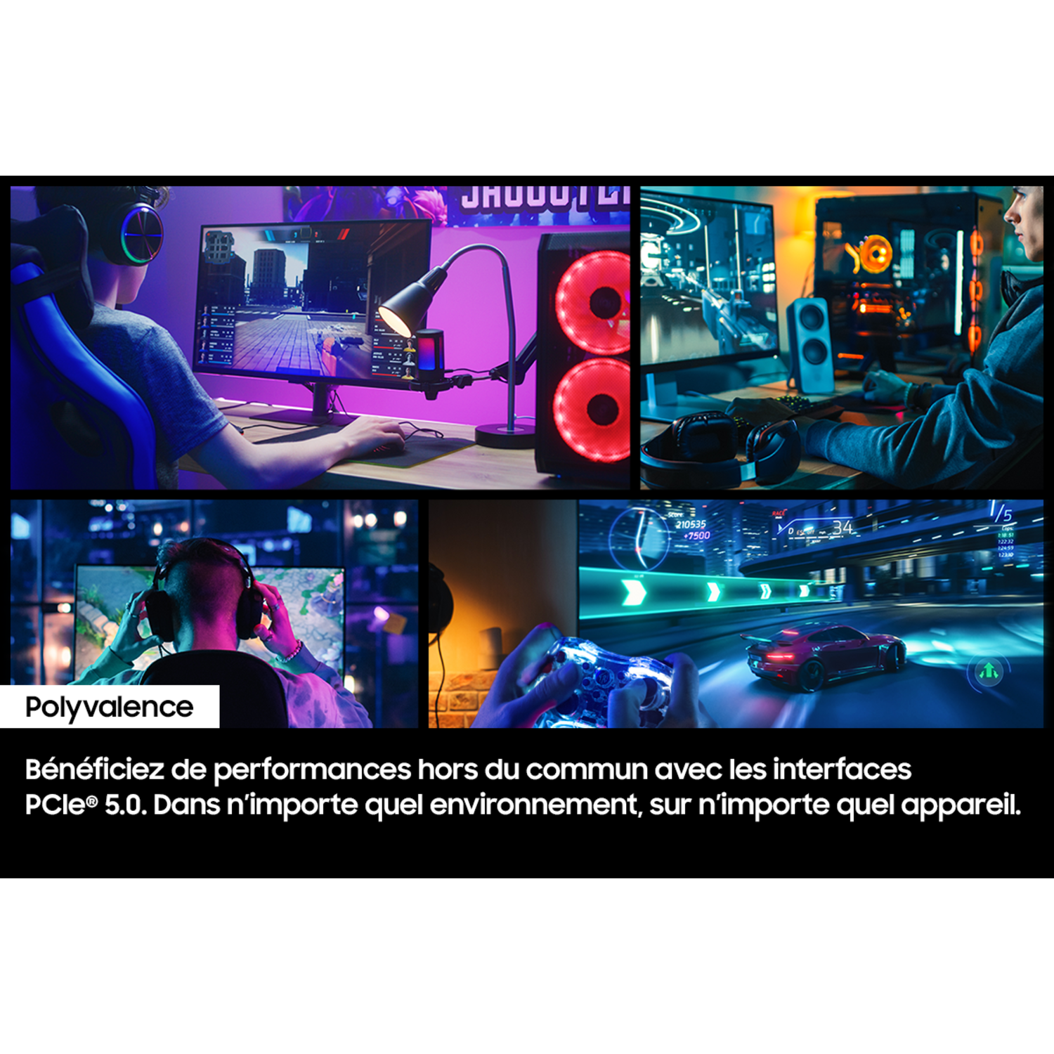 Plusieurs images de configurations de jeu. Des gens jouant sur PC, moniteur et TV.