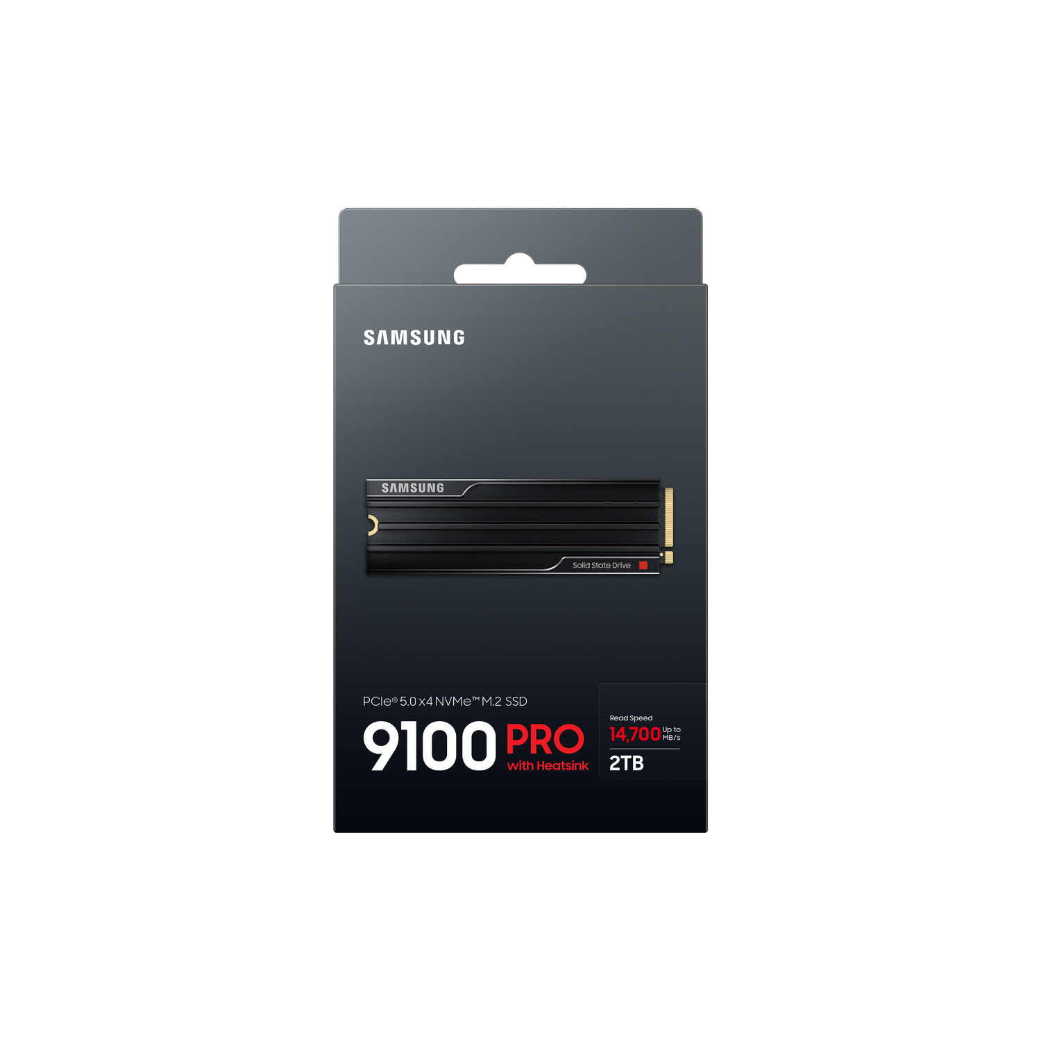 Boîte SSD Samsung 9100 PRO, noire avec texte. Lit '9100 PRO' et '2TB' sur le devant.