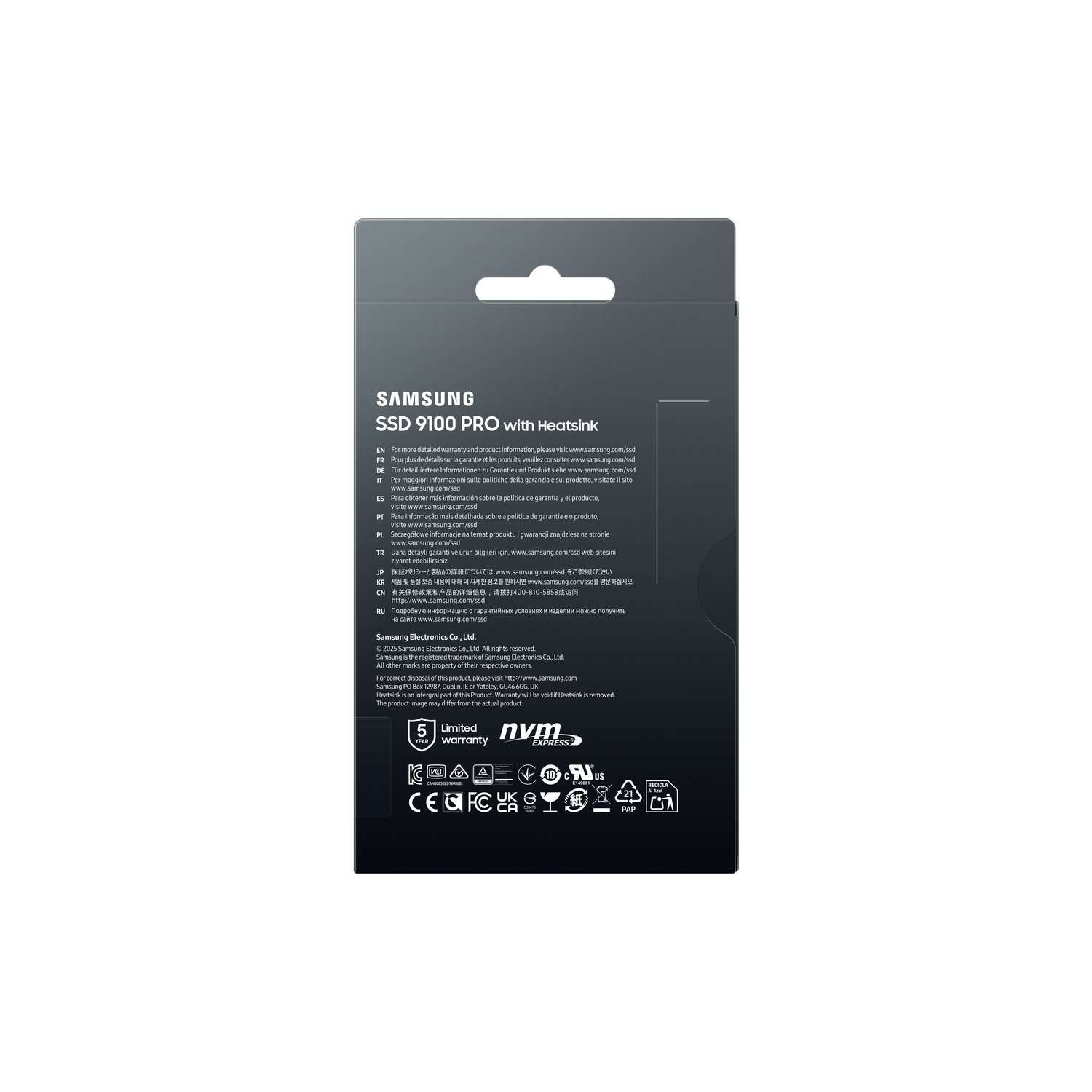Arrière de la boîte de carte SSD, informations de garantie, certifications diverses.