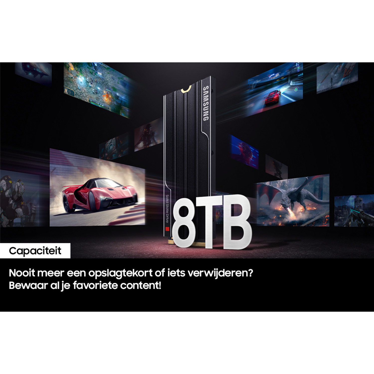 Zwarte en zilveren SSD-schijf, 8 TB. Achtergrond toont game-scènes.
