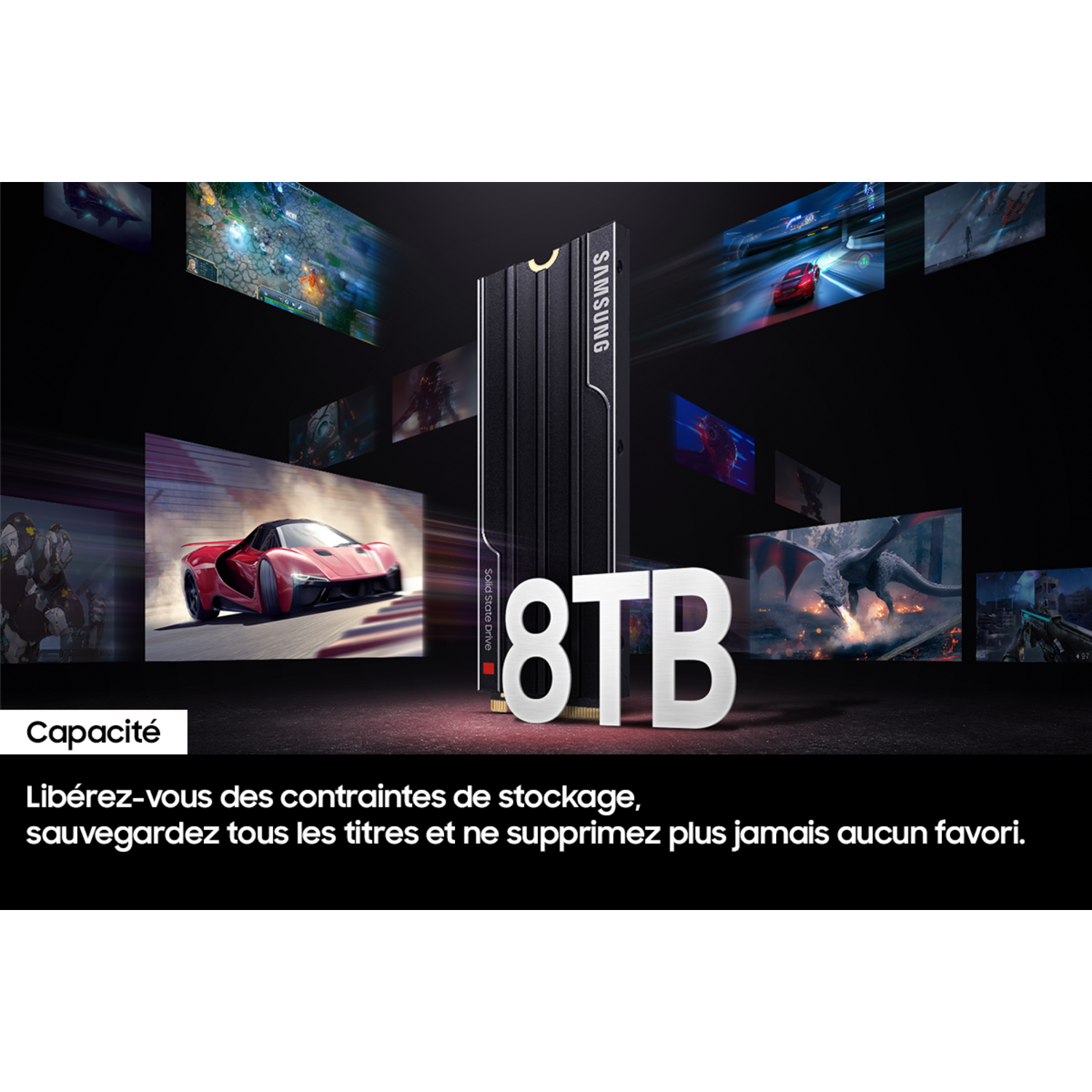 SSD Samsung 8 To devant diverses scènes de jeu. Fond sombre avec texte '8 To' en blanc.
