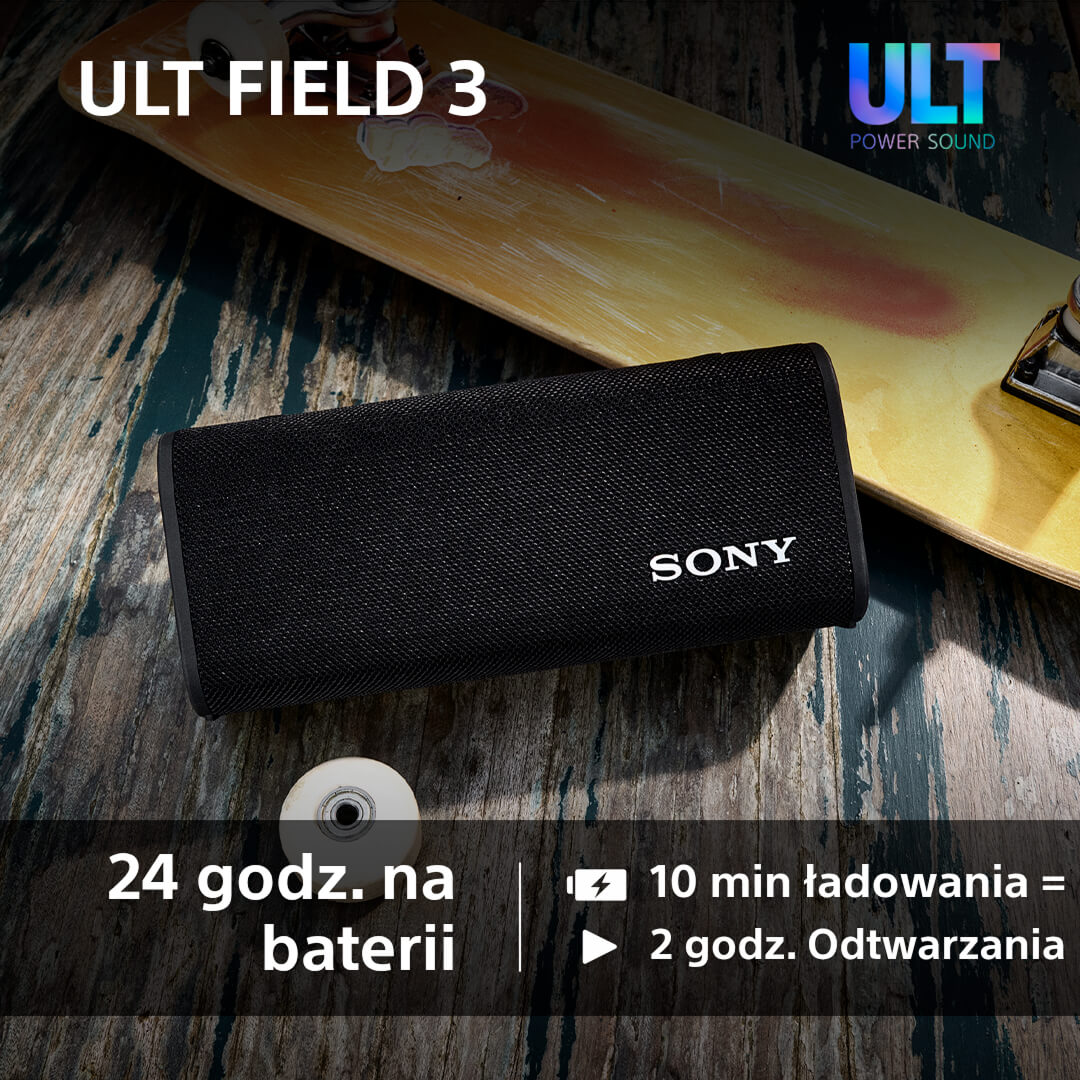 Czarny głośnik Sony, z tłem deskorolki. Tekst: 24 godz. bateria, 10 min ładowania = 2 godz. odtwarzania.