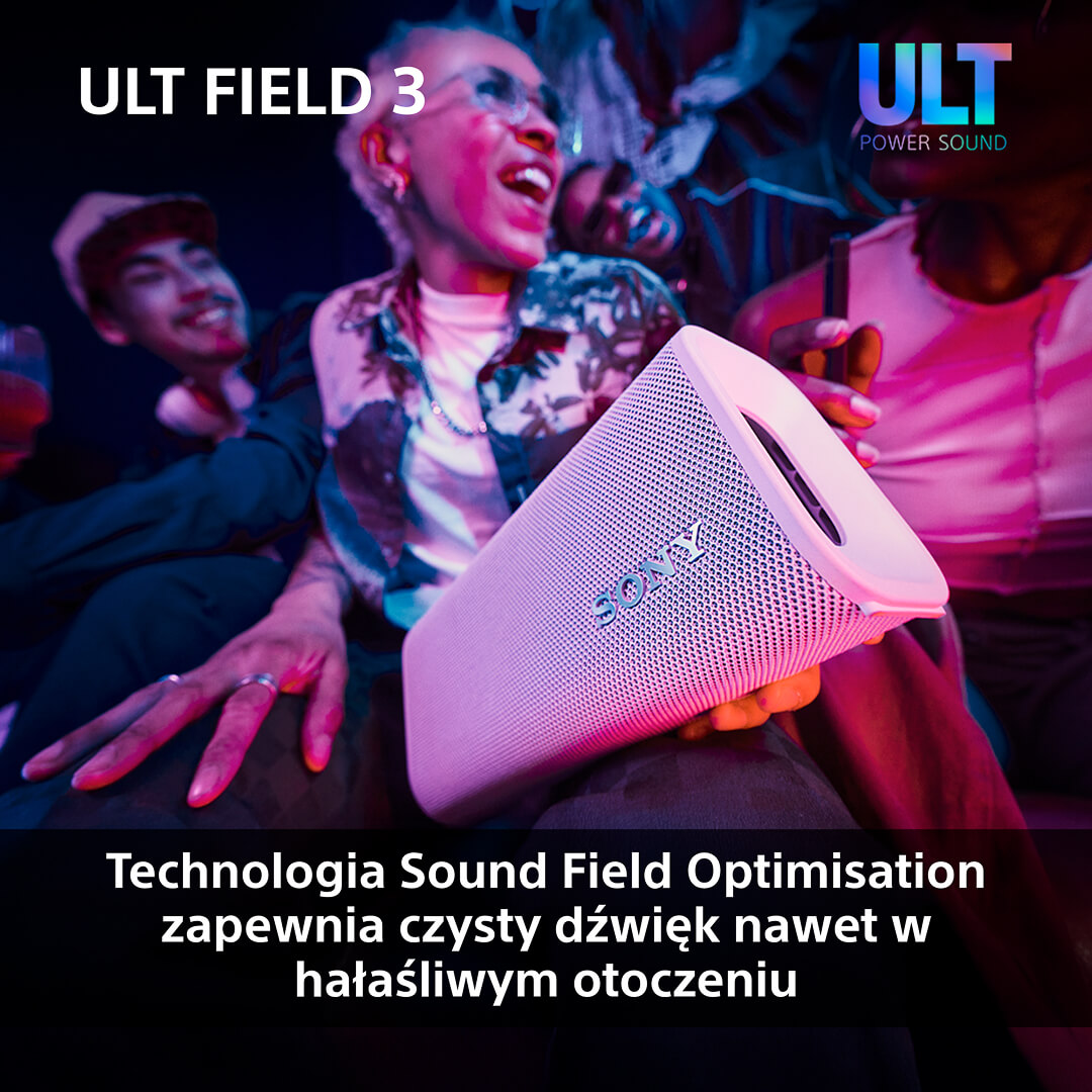 Różowy głośnik trzymany przez osoby na imprezie. Tekst wspomina o optymalizacji dźwięku.