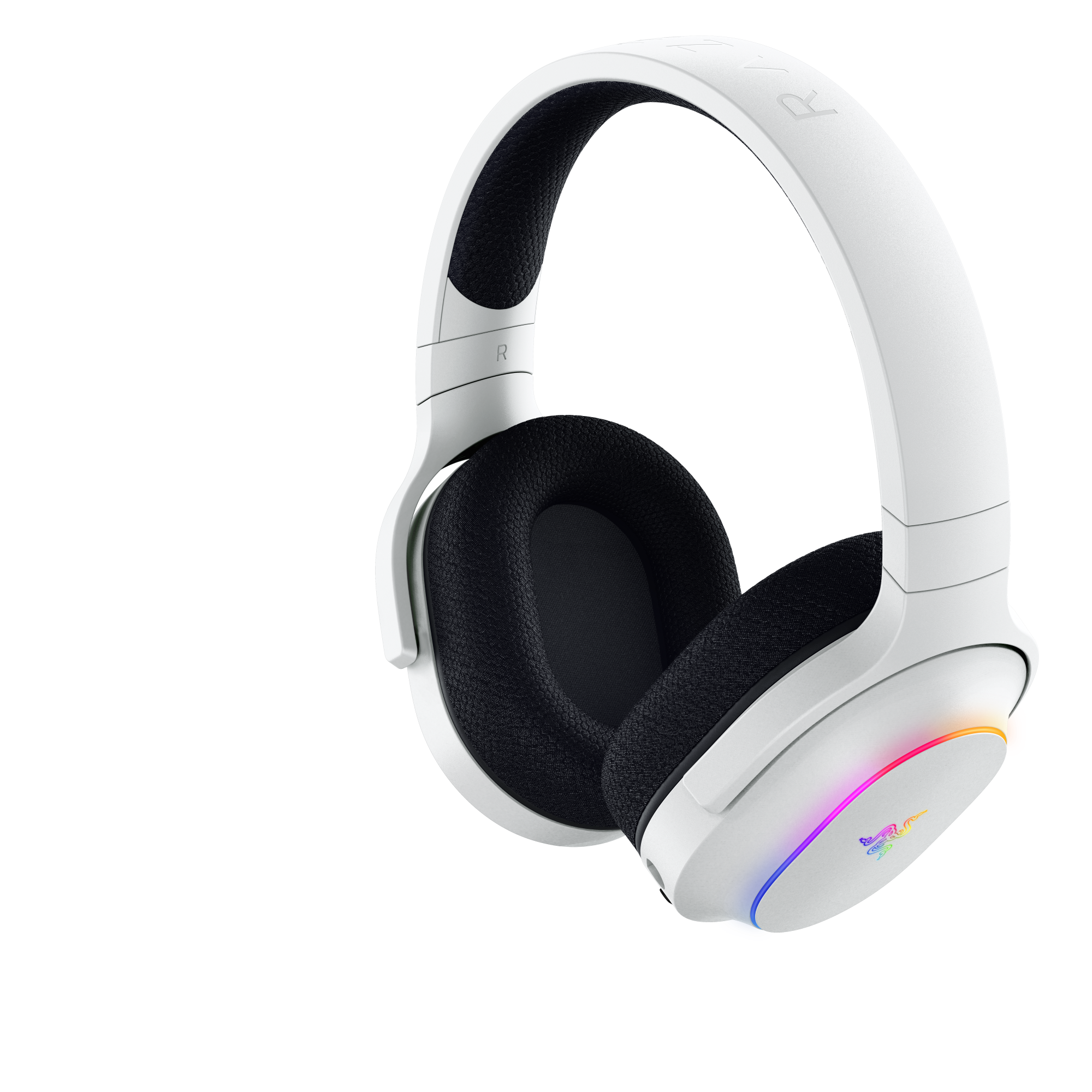 Białe słuchawki z czarnymi nausznikami i tęczowymi światłami.