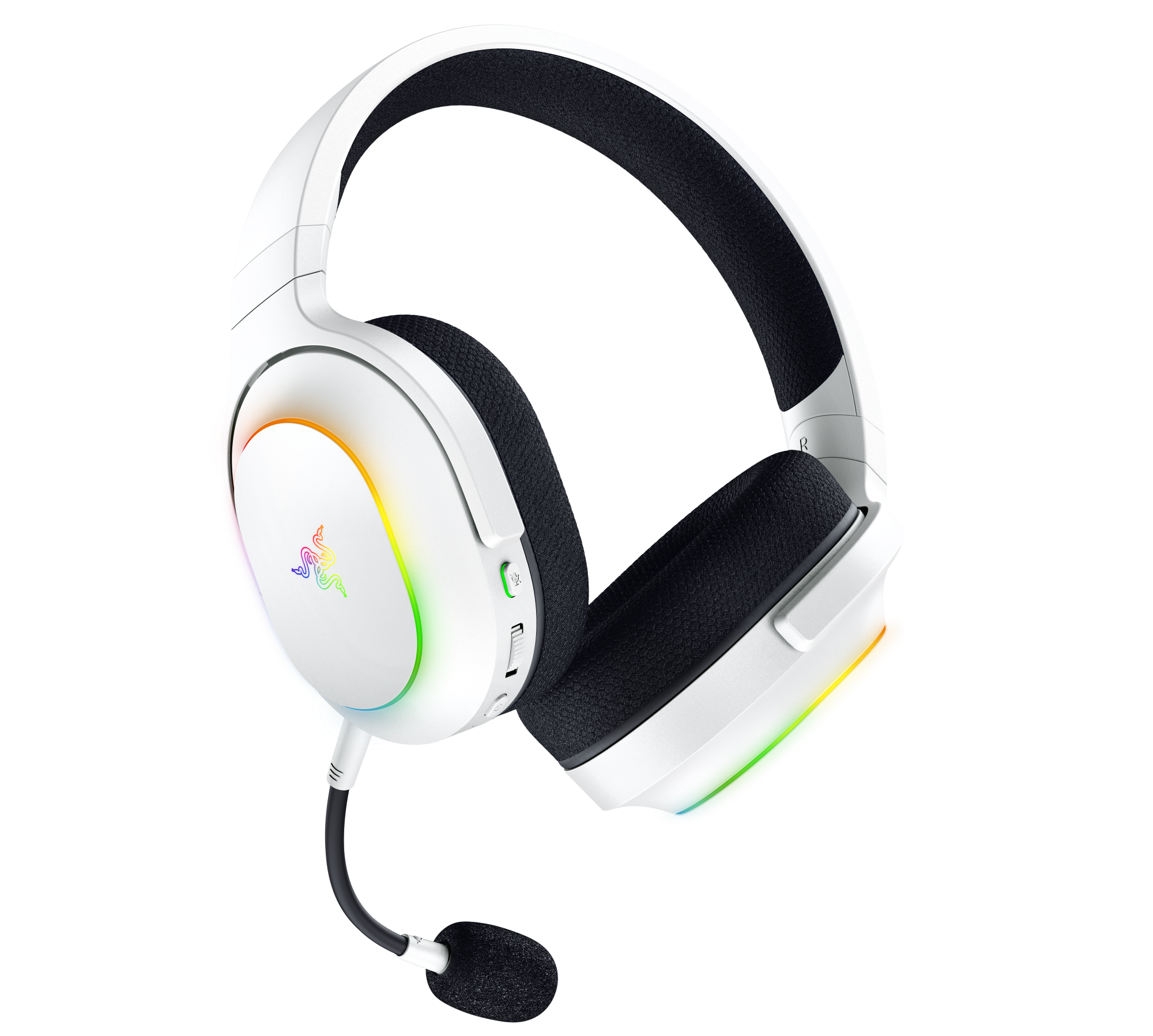 Białe słuchawki do gier z tęczowymi światłami i czarnym mikrofonem.