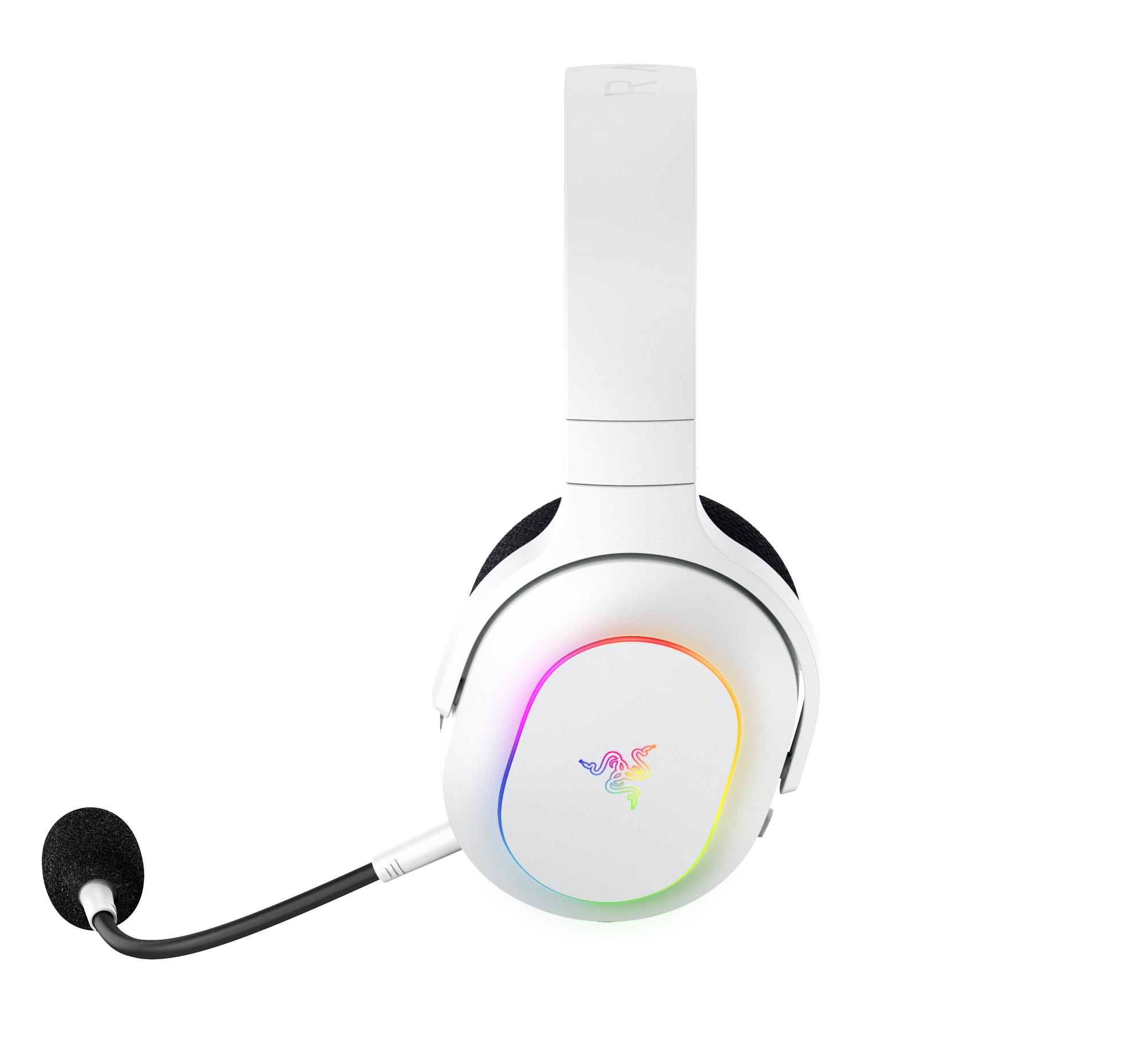 Biały zestaw słuchawkowy do gier z tęczowymi światłami. Czarny mikrofon.
