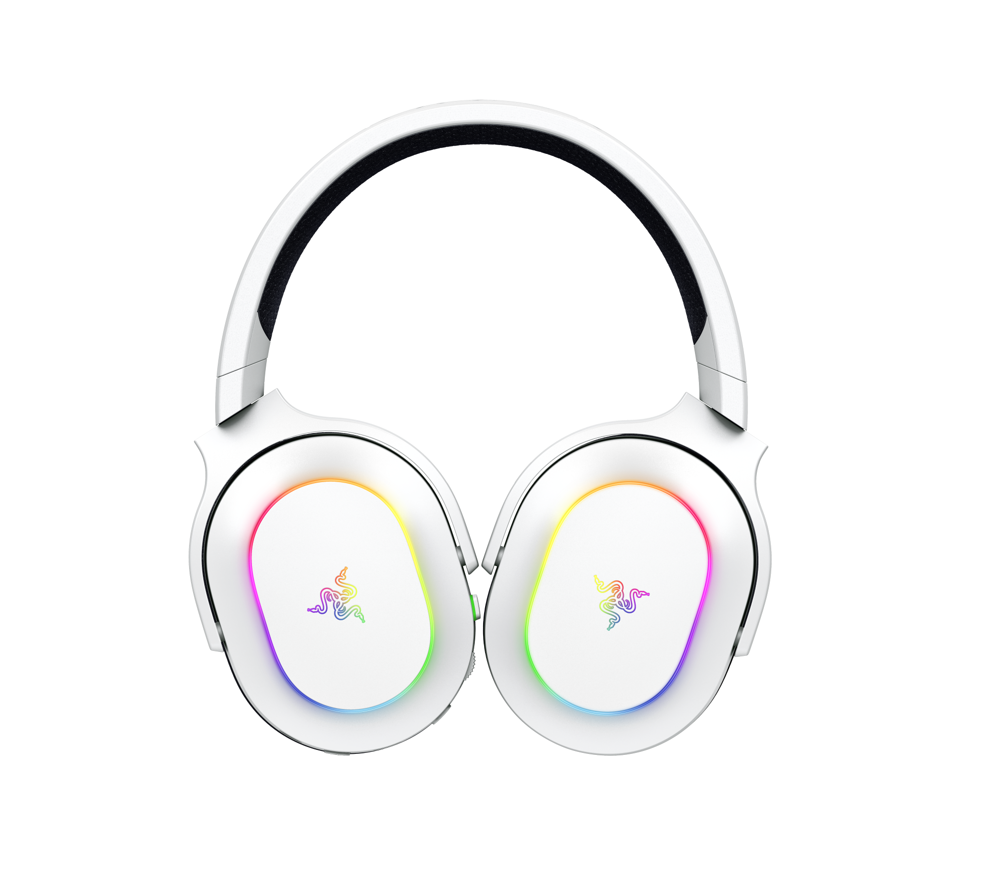 Białe słuchawki z tęczowym światłem na nausznikach. Widoczne logo Razer.