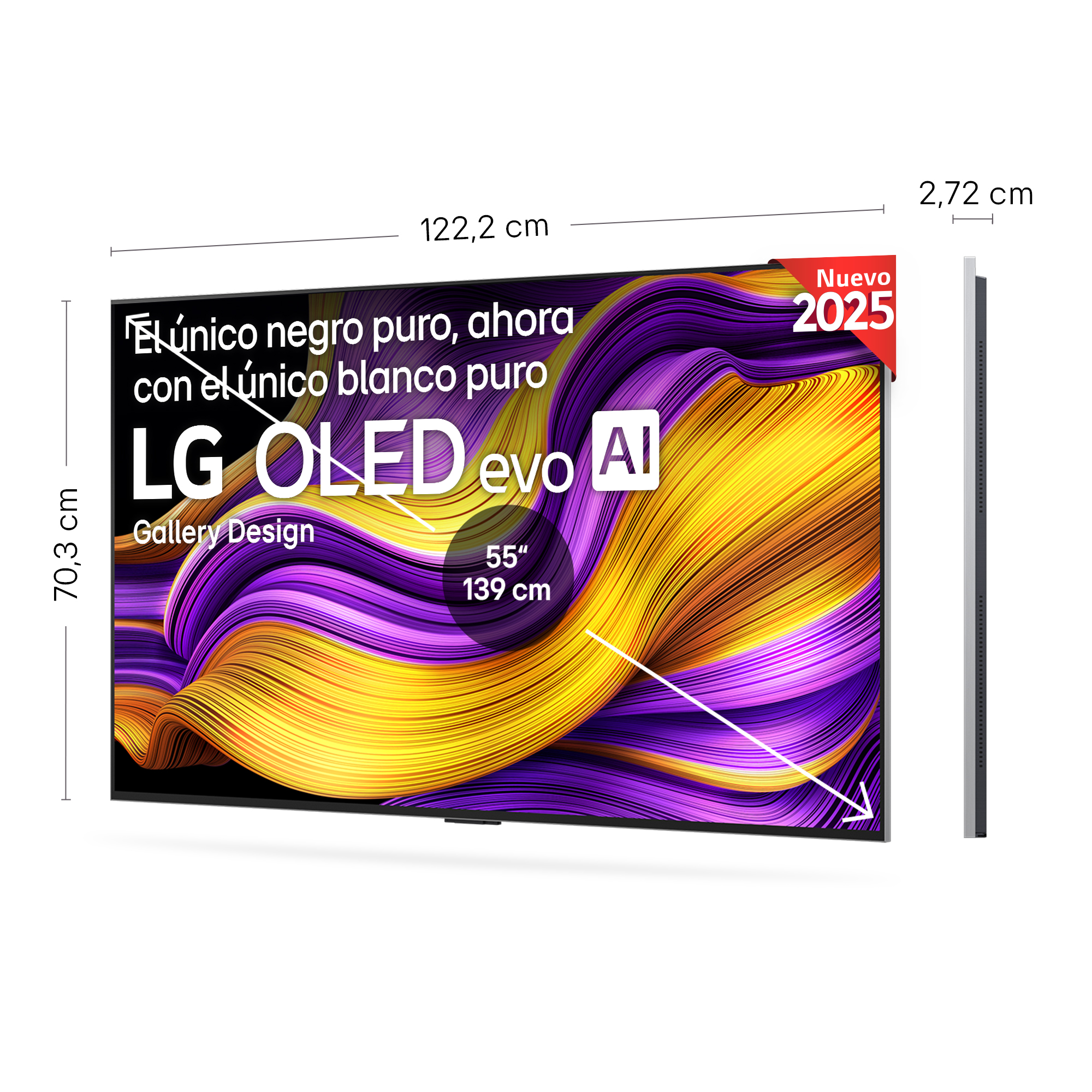 Pantalla de TV con diseño abstracto morado y amarillo, dimensiones.