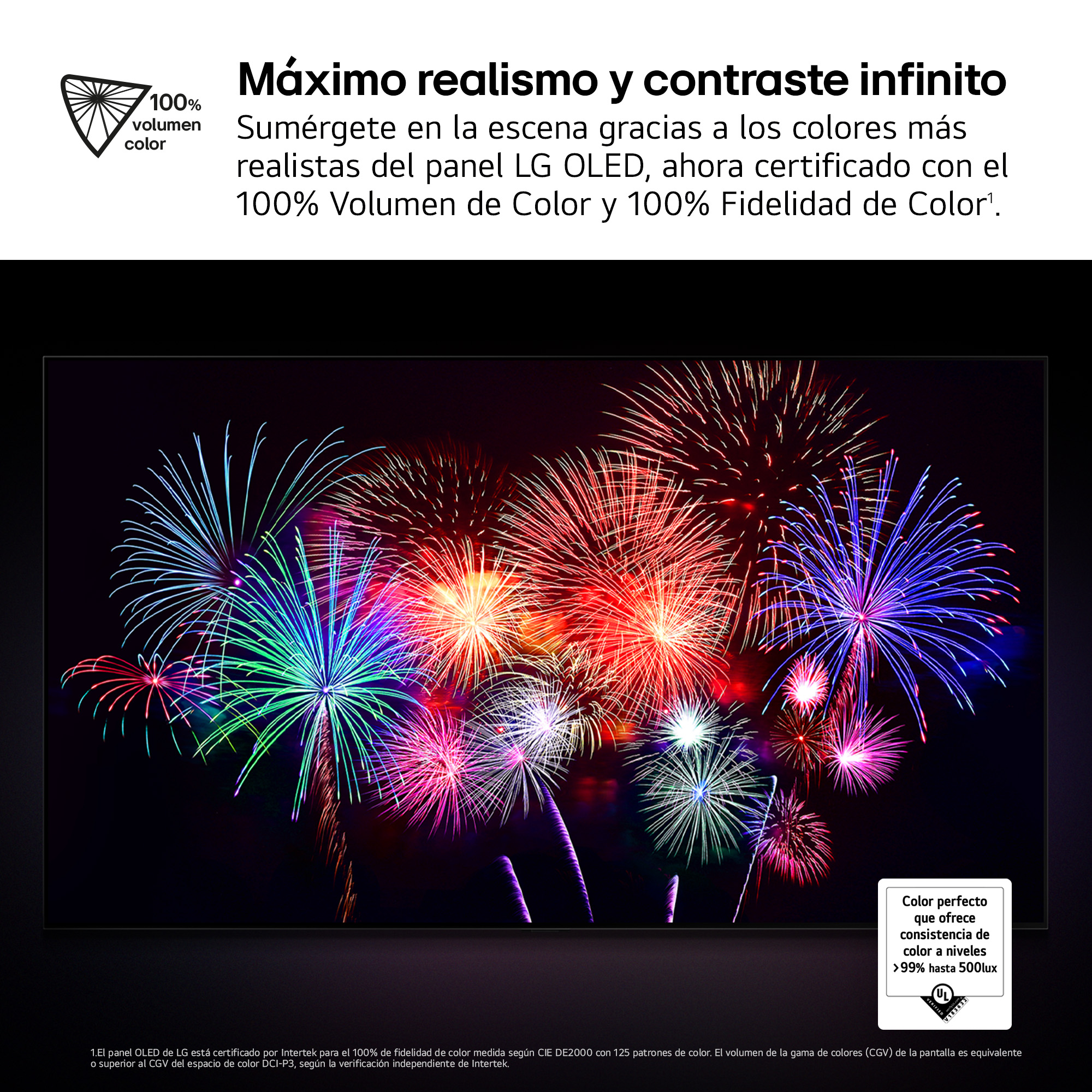 Una pantalla de TV muestra fuegos artificiales coloridos, con texto que indica volumen y fidelidad del color.