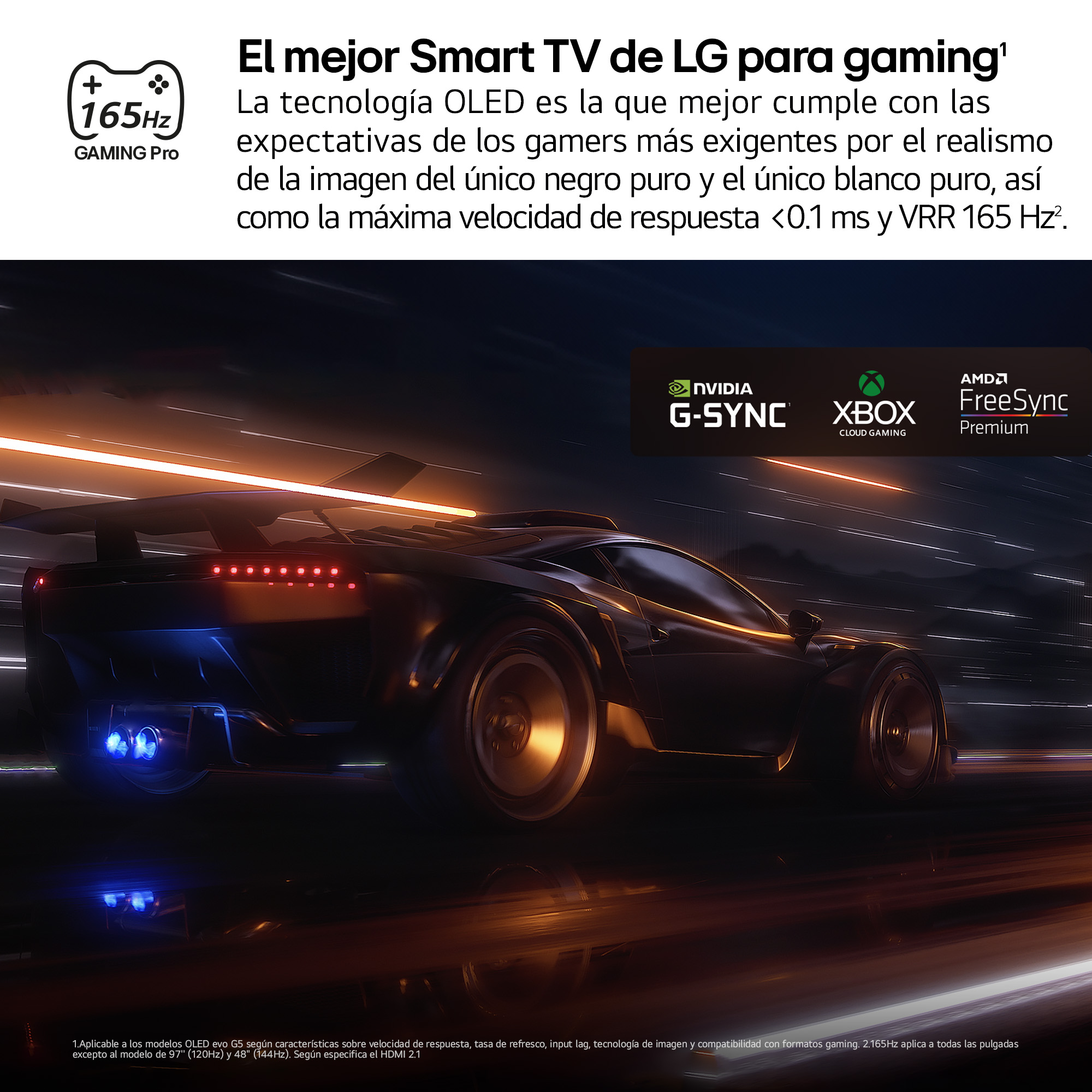 Configuración de juego LG Smart TV, carreras de coches en pantalla, logos Nvidia, Xbox, AMD.
