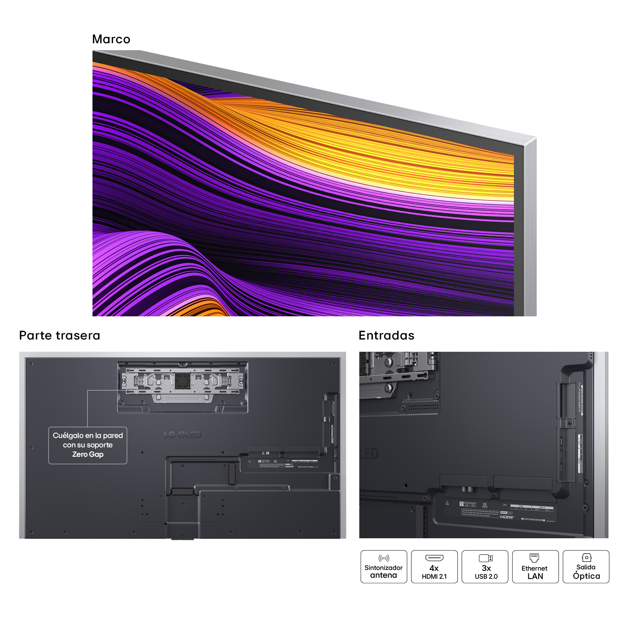 Primer plano del televisor LG OLED, mostrando el panel trasero y las entradas.