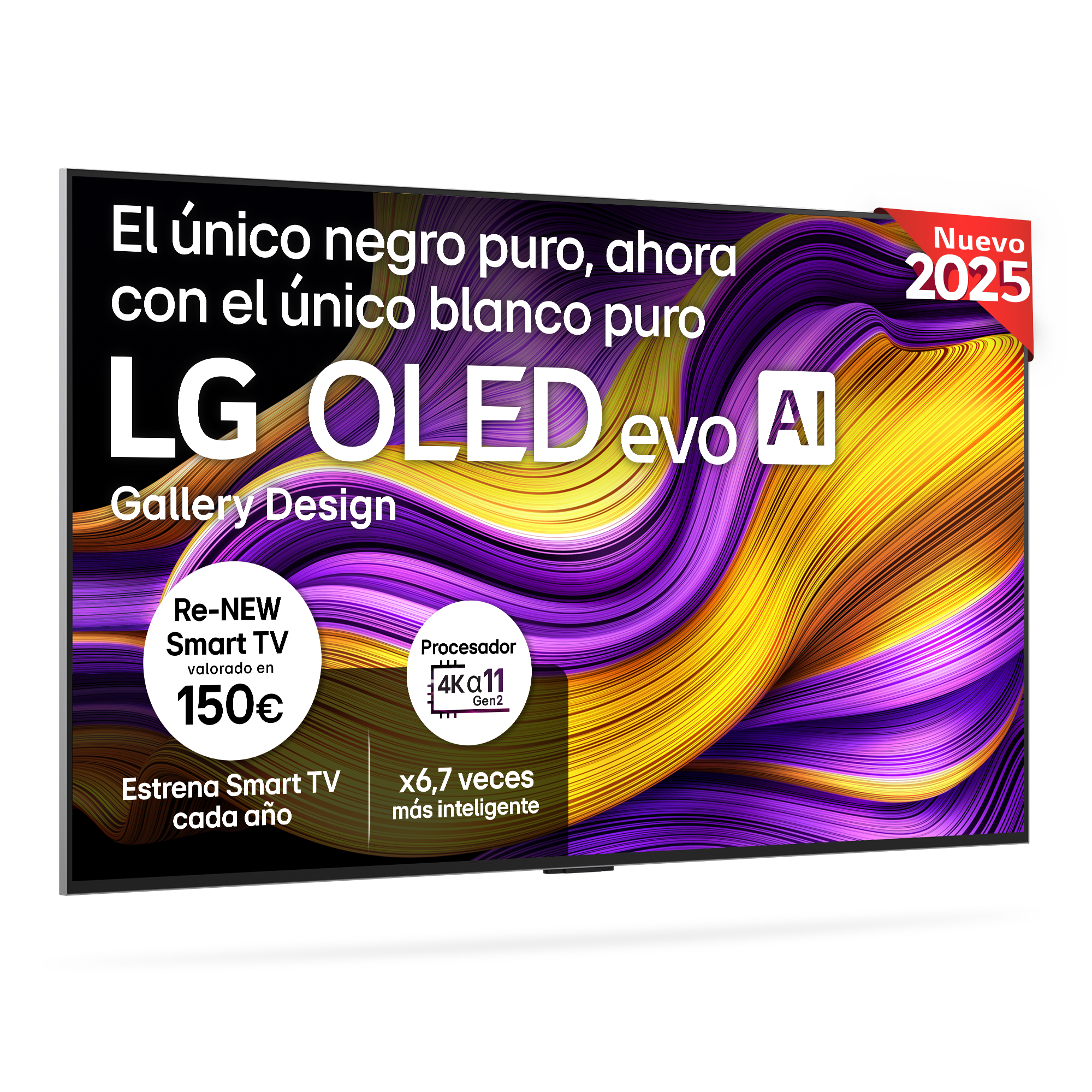 Televisor LG OLED evo con texto sobre sus características, diseño y el nuevo modelo 2025.