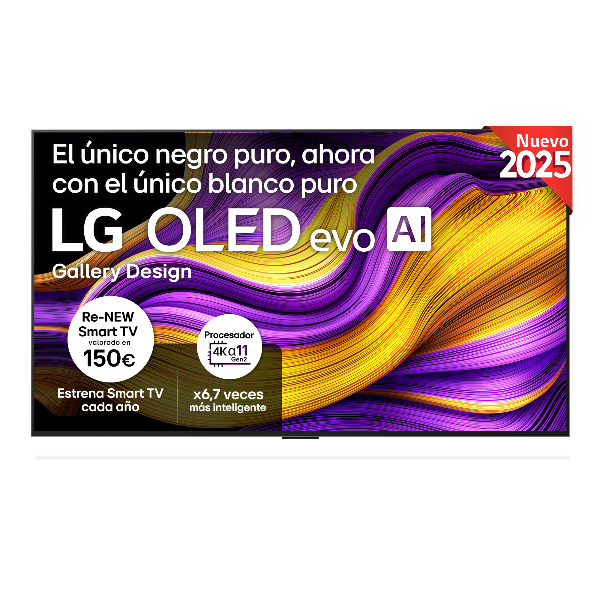 Una pantalla de TV que muestra las características de LG OLED con patrones morados y amarillos.