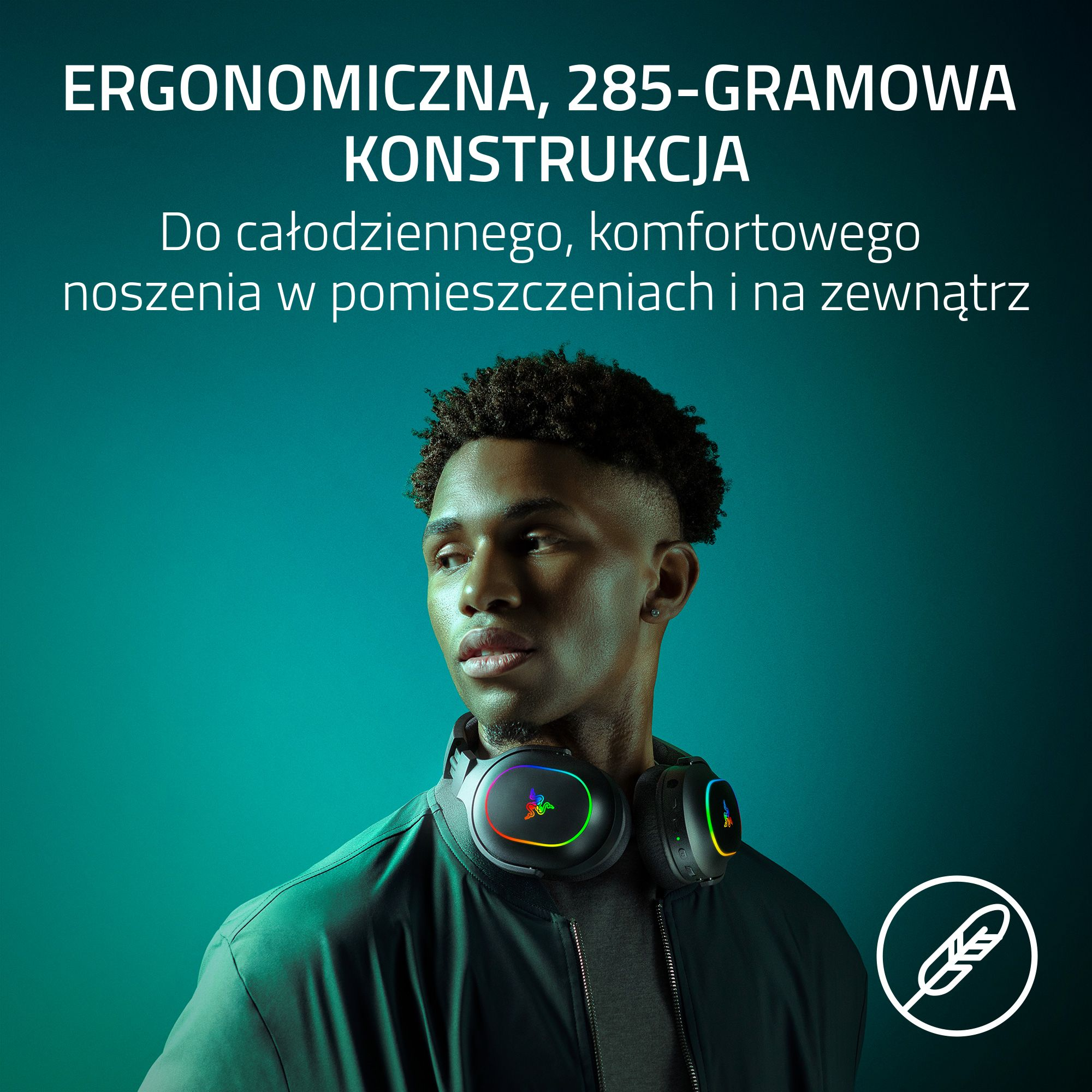 Mężczyzna w czarnych słuchawkach, tekst o ergonomicznym designie i komforcie.