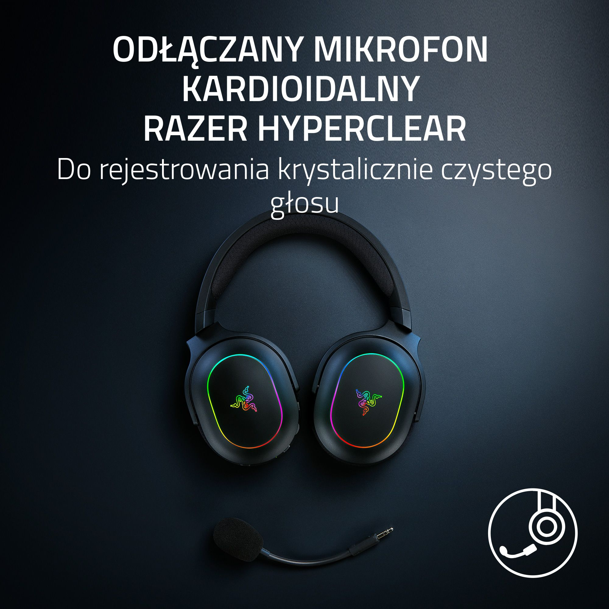 Czarny zestaw słuchawkowy z odłączanym mikrofonem. Leży na czarnej powierzchni.