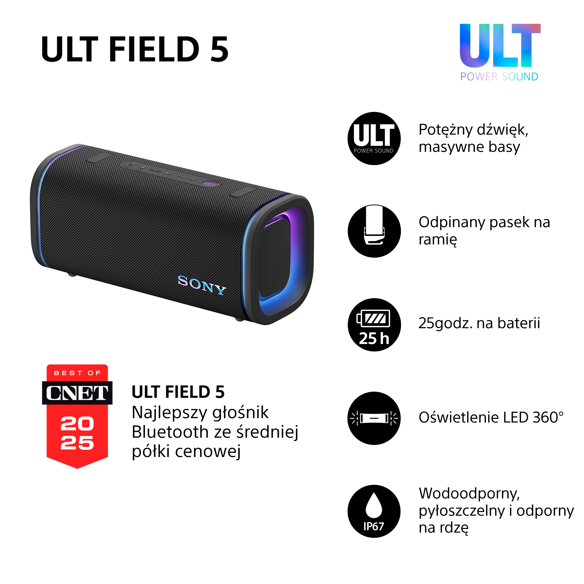 Czarny głośnik Sony ULT Field 5. Cechy: oświetlenie LED, 25h bateria i wodoodporność. Zawiera nagrodę CNET.