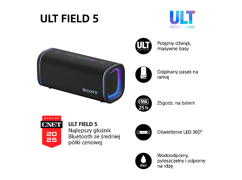 Głośnik mobilny SONY ULT Field 5&nbsp; Bateria 25 godz. Szybkie ładowanie, 10 pasmowy EQ, IP67, Sound Field Optimisation, Czarny – zdjęcie 2