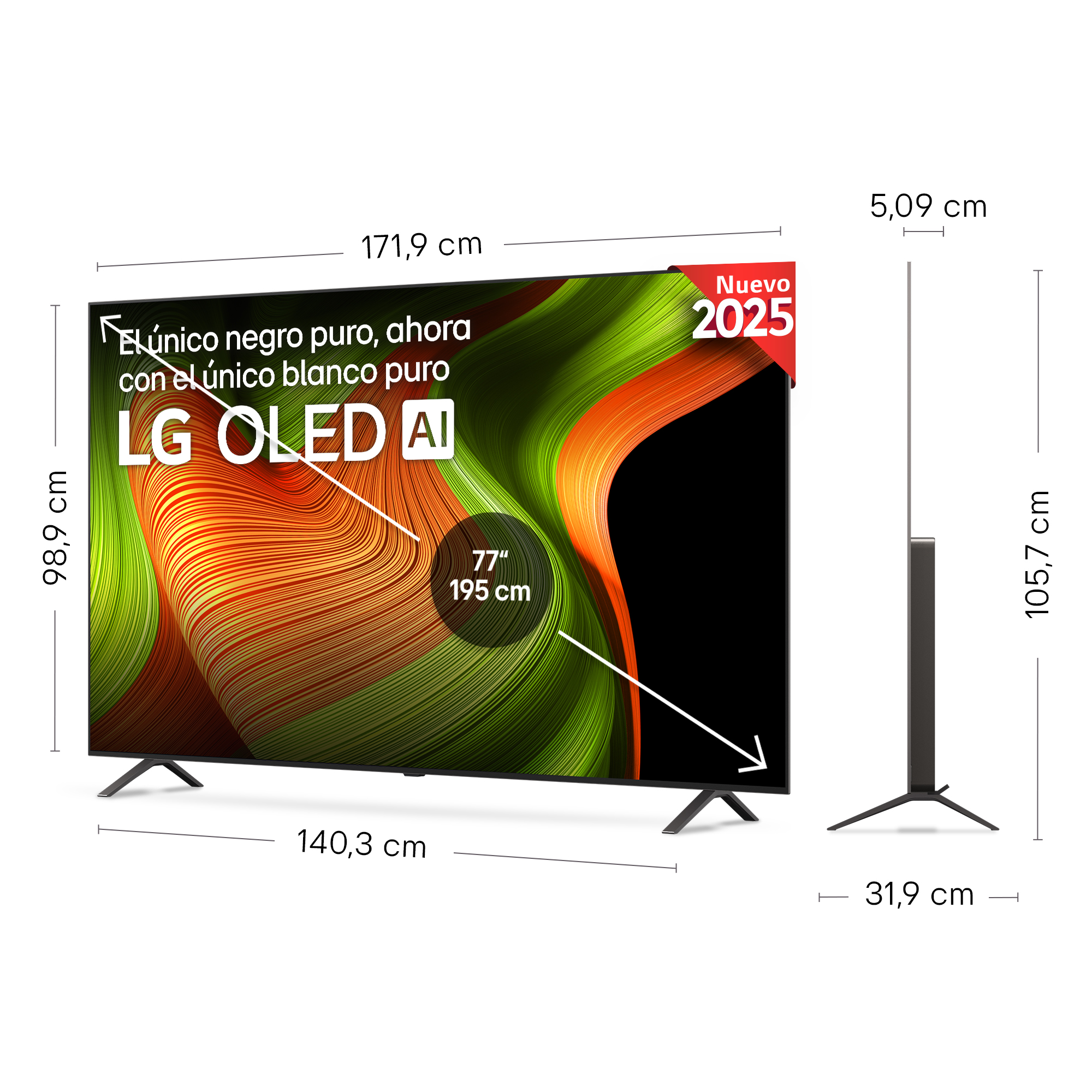 LG OLED AI TV, negro, con dimensiones. Una pegatina roja 'Nuevo 2025' es visible.